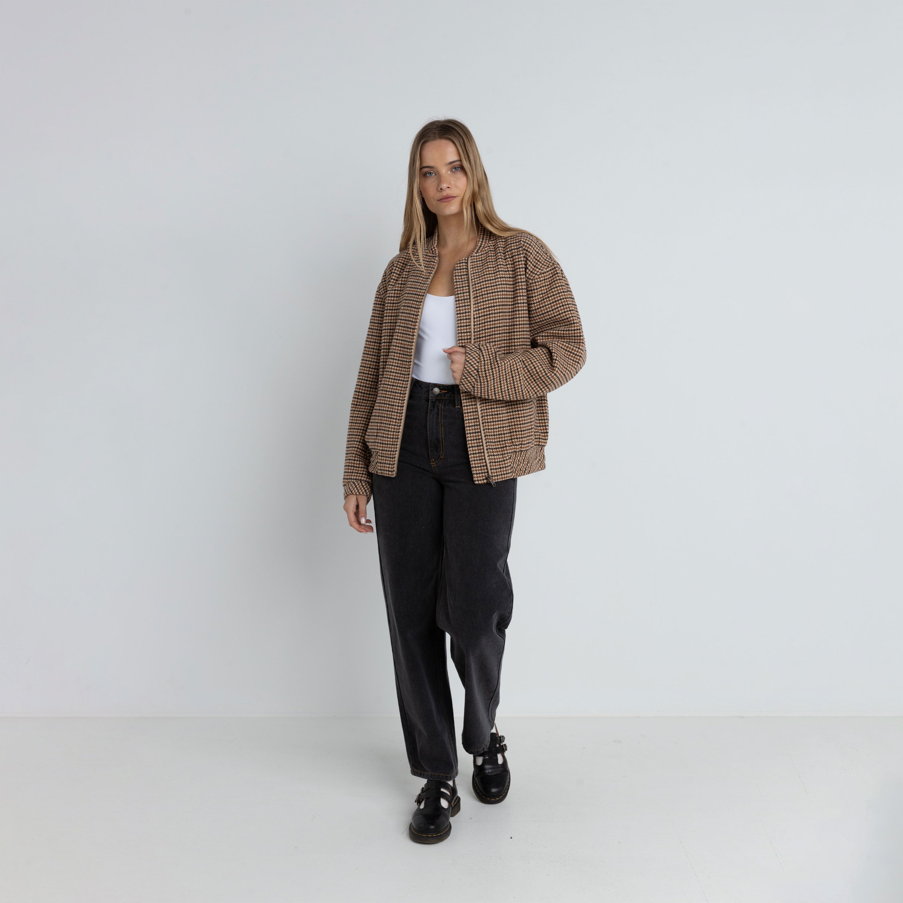 Rhythm - Luca Oversized Check Bomber Jacket - Brown