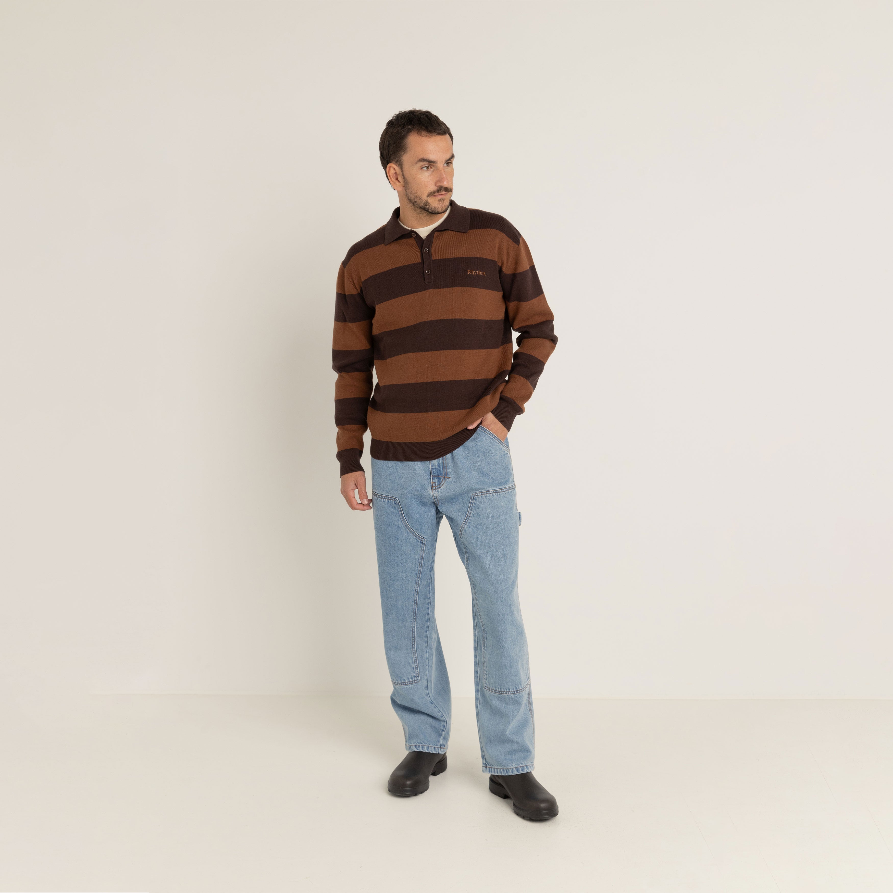 Rhythm - Ventura Stripe Knit LS Polo - Cafe
