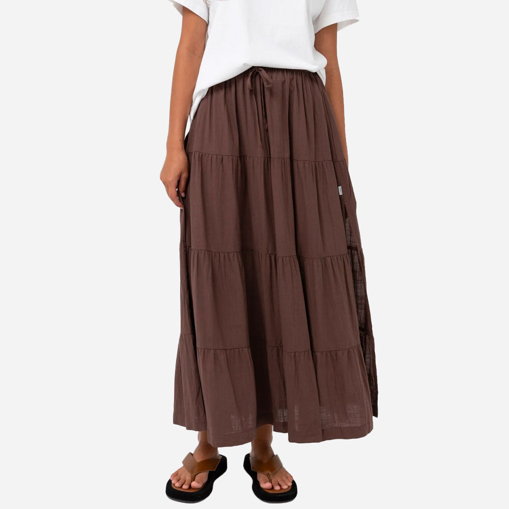 RHYTHM - CLASSIC TIERED MAXI SKIRT - Chocolate