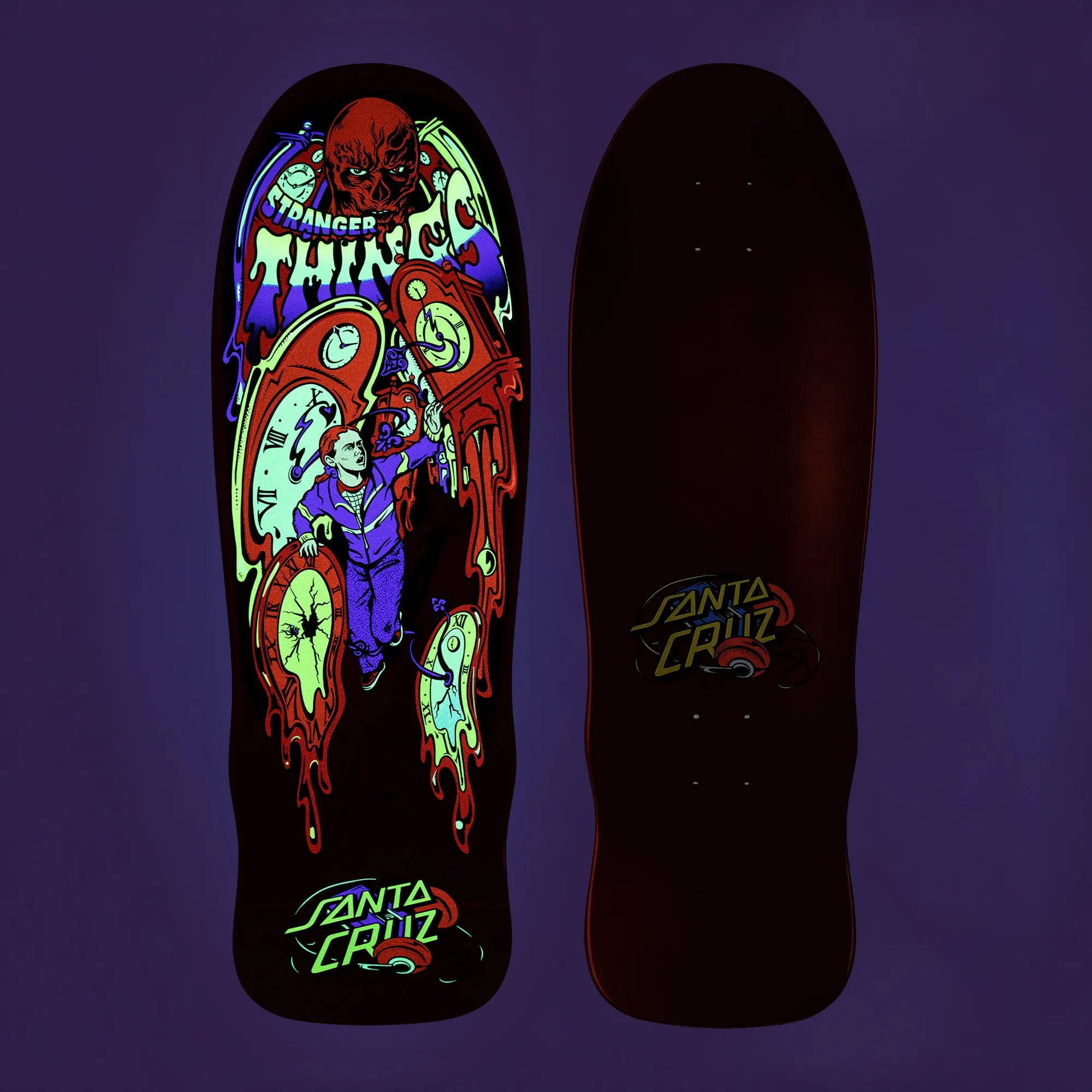Santa Cruz glow-in-the-dark tray with Stranger Things clock design.