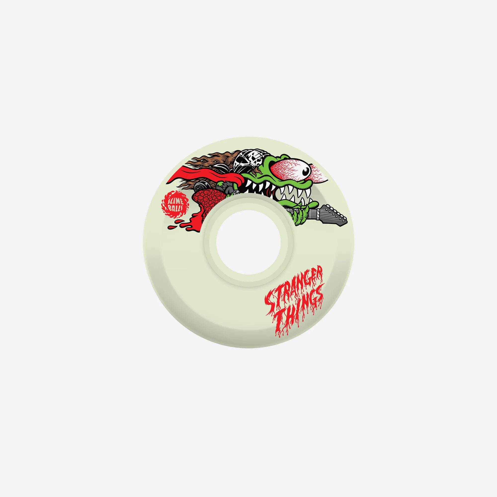 Cream skate wheel front with Slasher Eddie monster design.