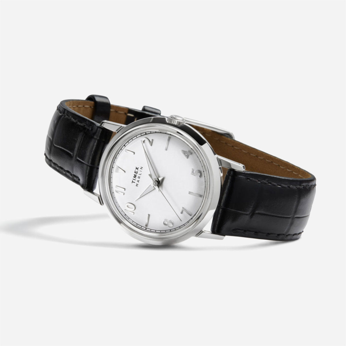 Timex - Marlin Quartz 34mm Leather Strap Watch - Silver White / Black Croco