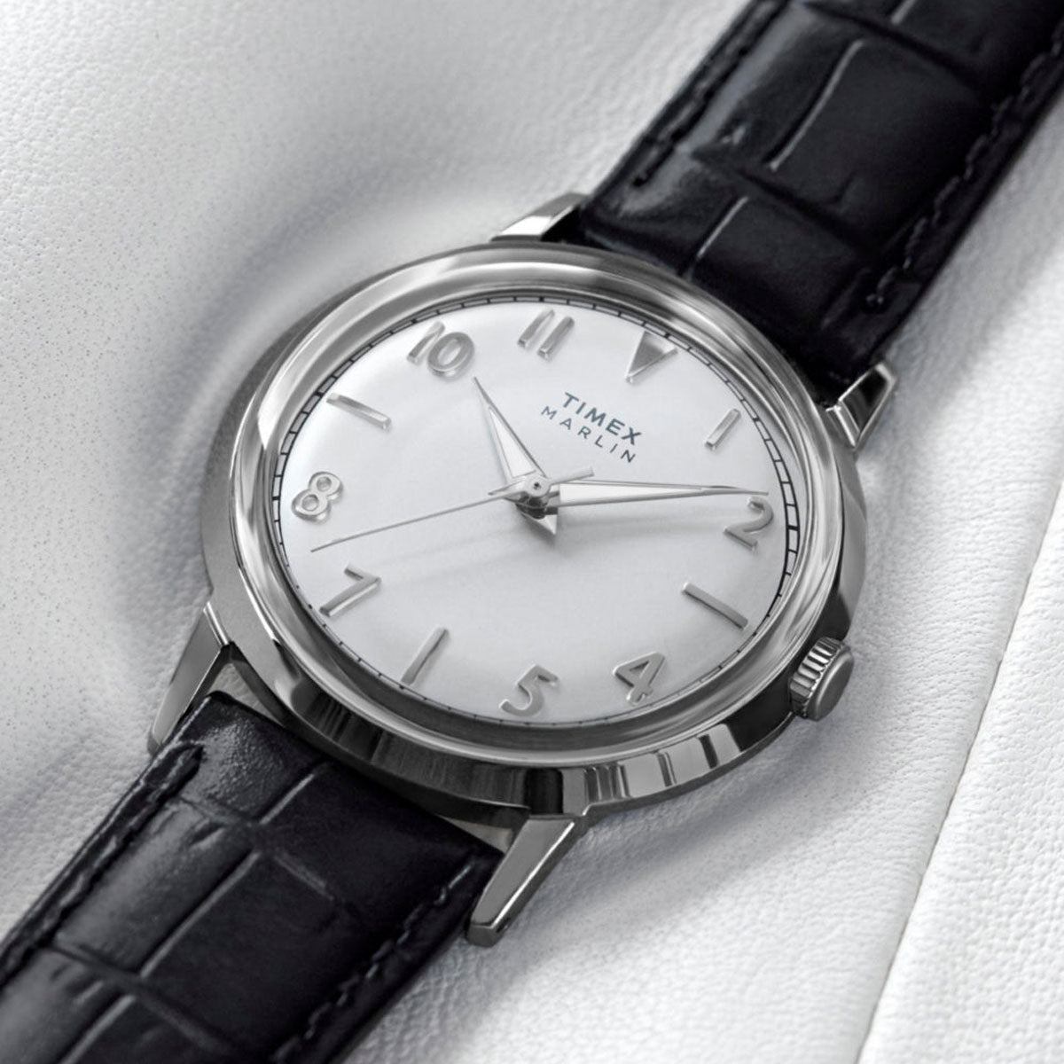 Timex - Marlin Quartz 34mm Leather Strap Watch - Silver White / Black Croco