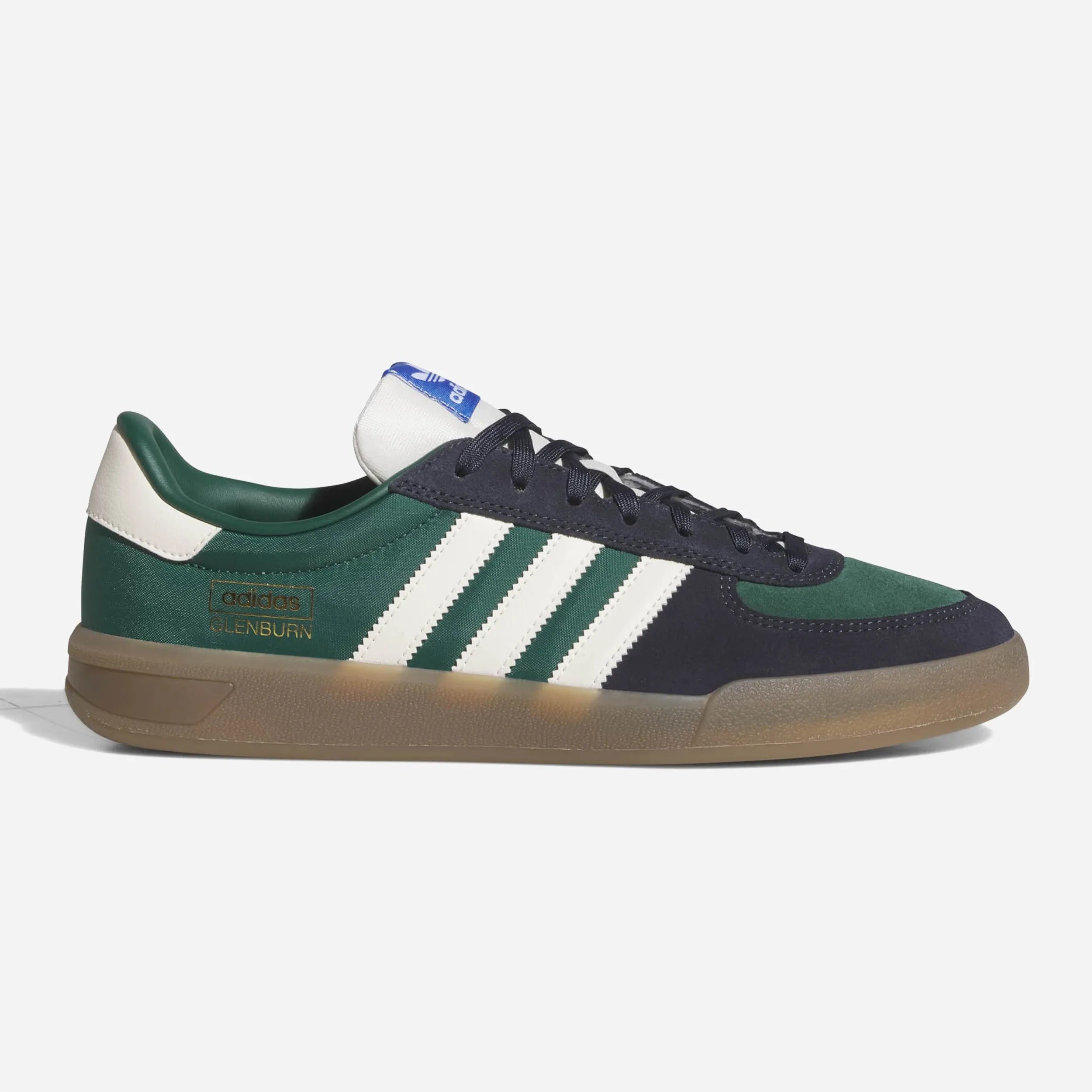 Adidas Glenburn Collegiate Green Cloud White Legend Ink, sneaker skate en daim véritable, vue de profil