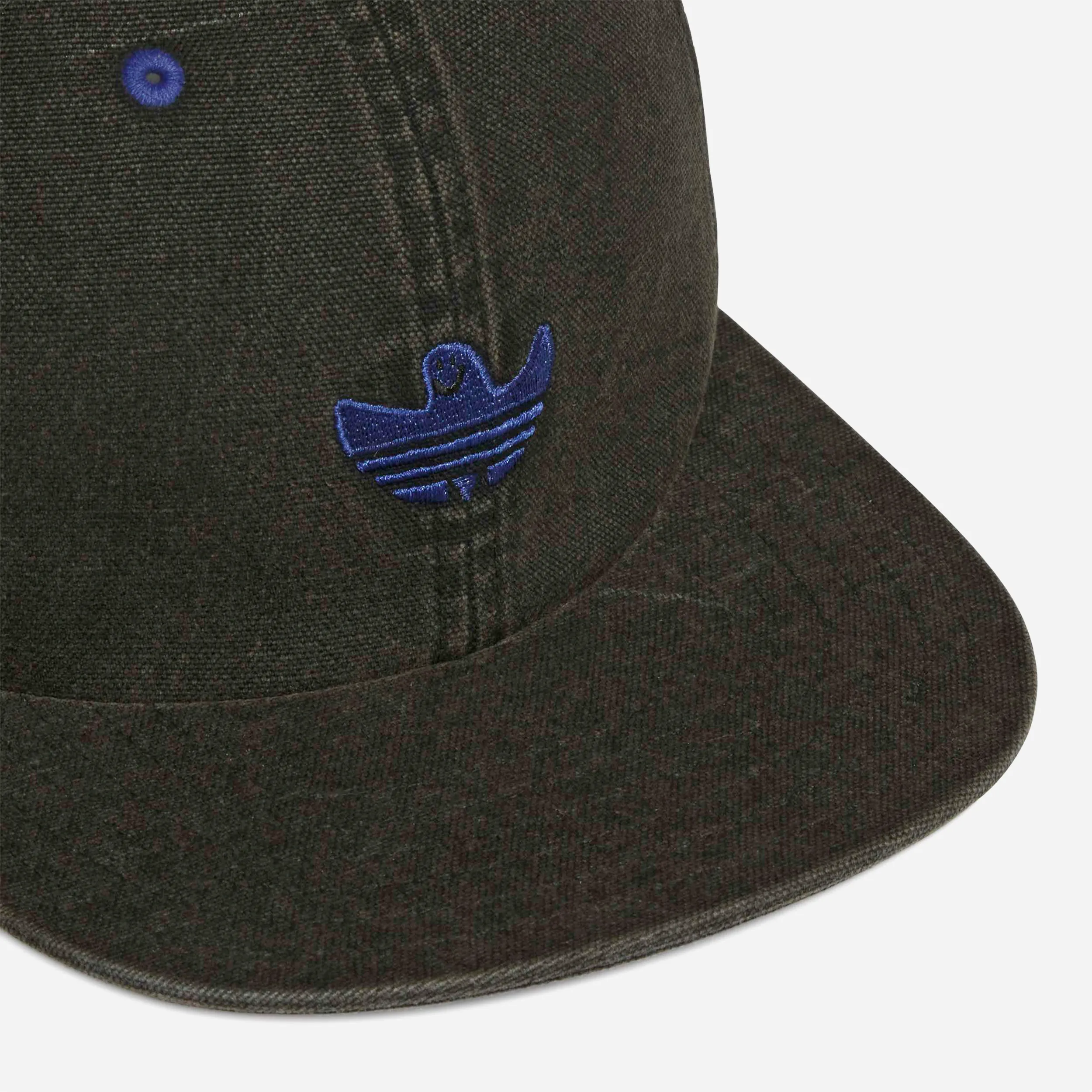 Close-up of the Mark Gonzales embroidered logo on the Adidas Skateboarding black cap