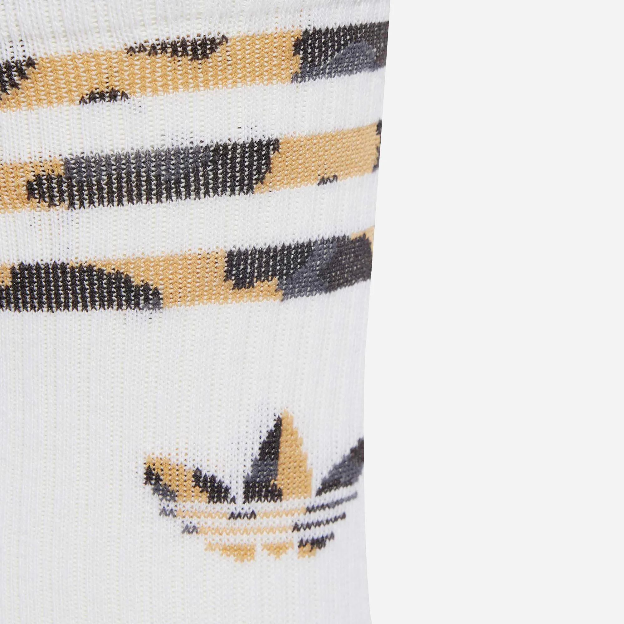 Close-up of the Adidas Trefoil logo filled with a leopard pattern on the white crew sock.