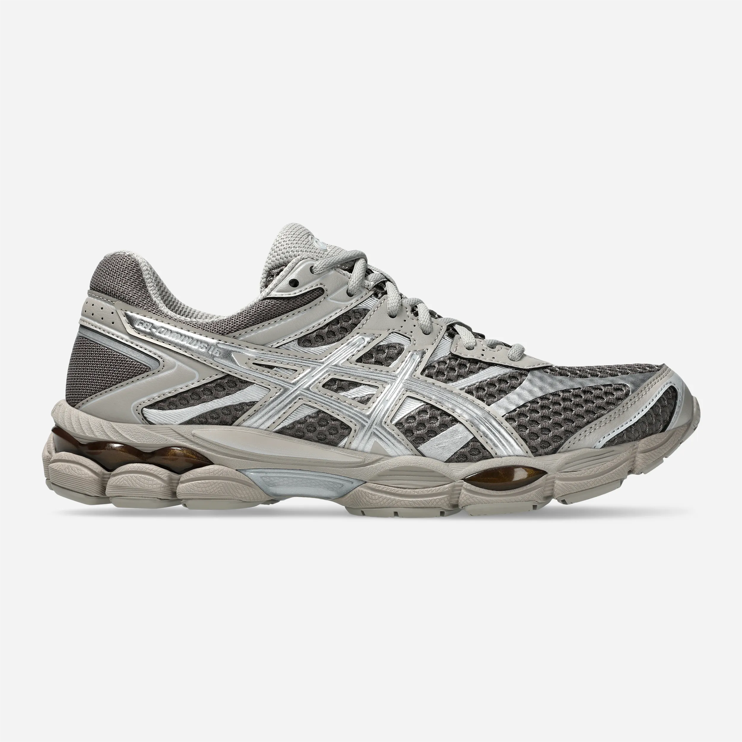 ASICS GEL-Cumulus 16 Cocoa Powder Pure Silver, mesh upper with synthetic overlays, side profile