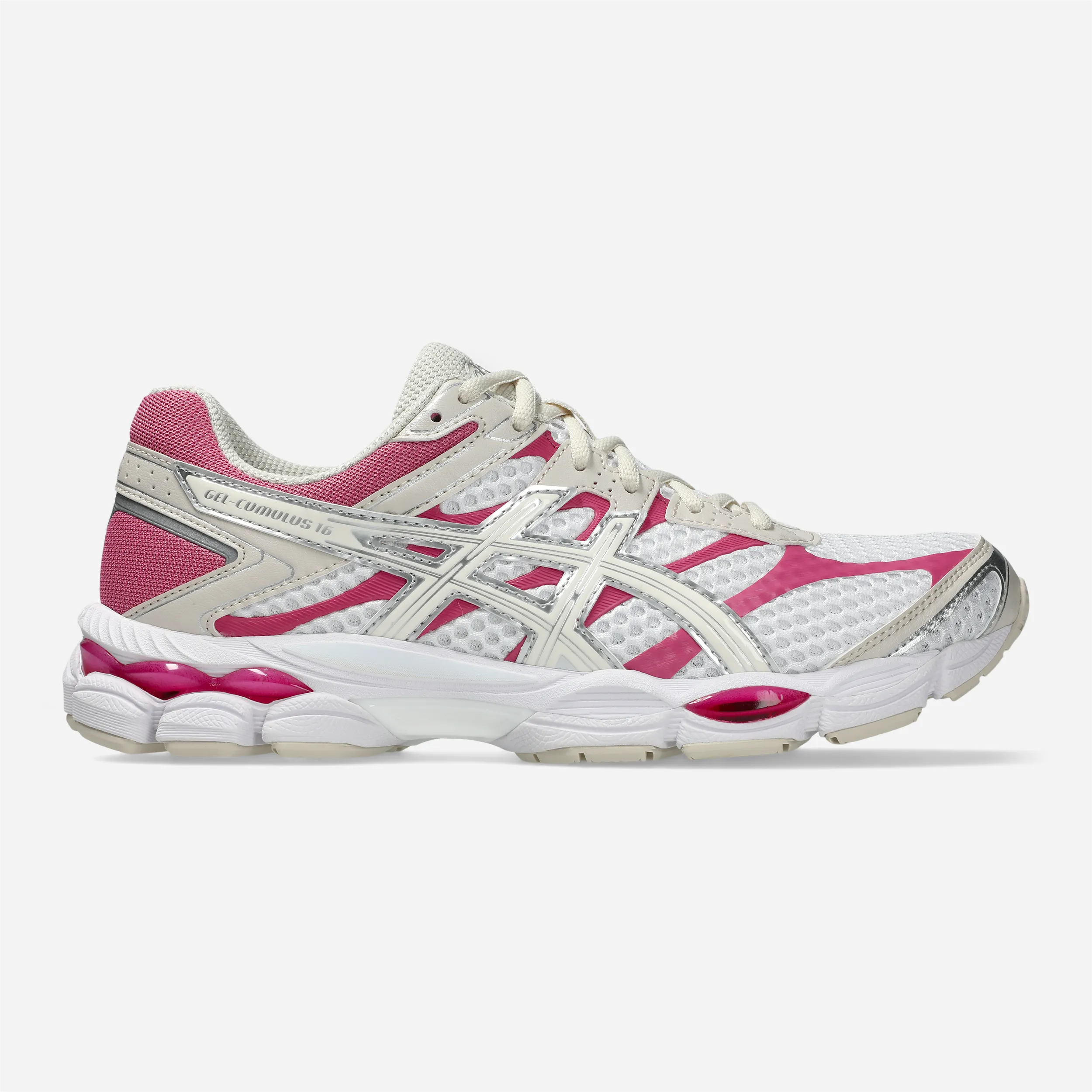 ASICS GEL-Cumulus 16 White Cream, tige mesh blanche et accents magenta, vue profil