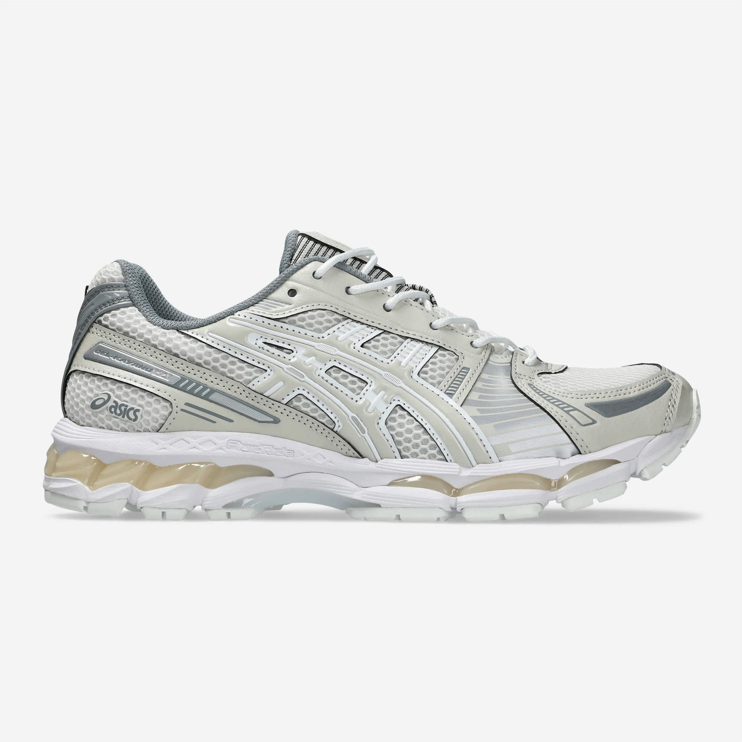 ASICS GEL-Kayano 12.1 Cream Smoke Grey, tige mesh et overlays structurés, vue profil