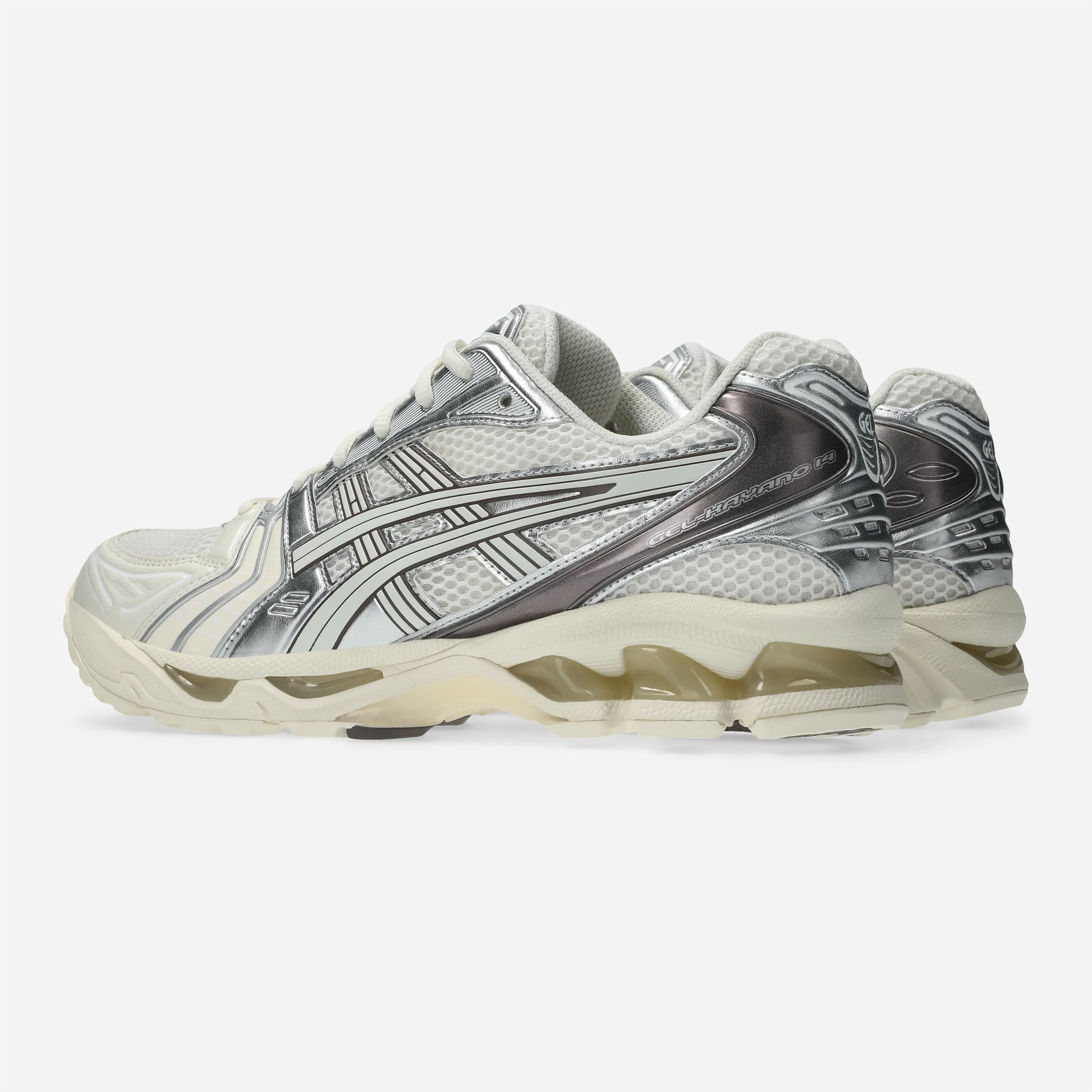 ASICS GEL-Kayano 14 running sneaker, Cream Cocoa Powder colorway, GEL midsole and TRUSSTIC system detail