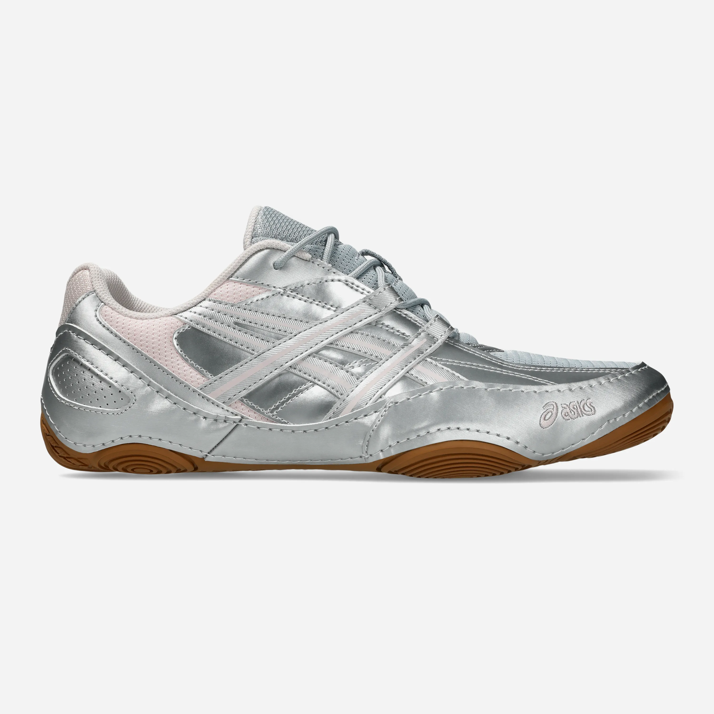 Sneakers premium ASICS Hypersync Piedmont Grey Pink Cloud vue de profil avec empiècements en cuir synthétique métallisé.