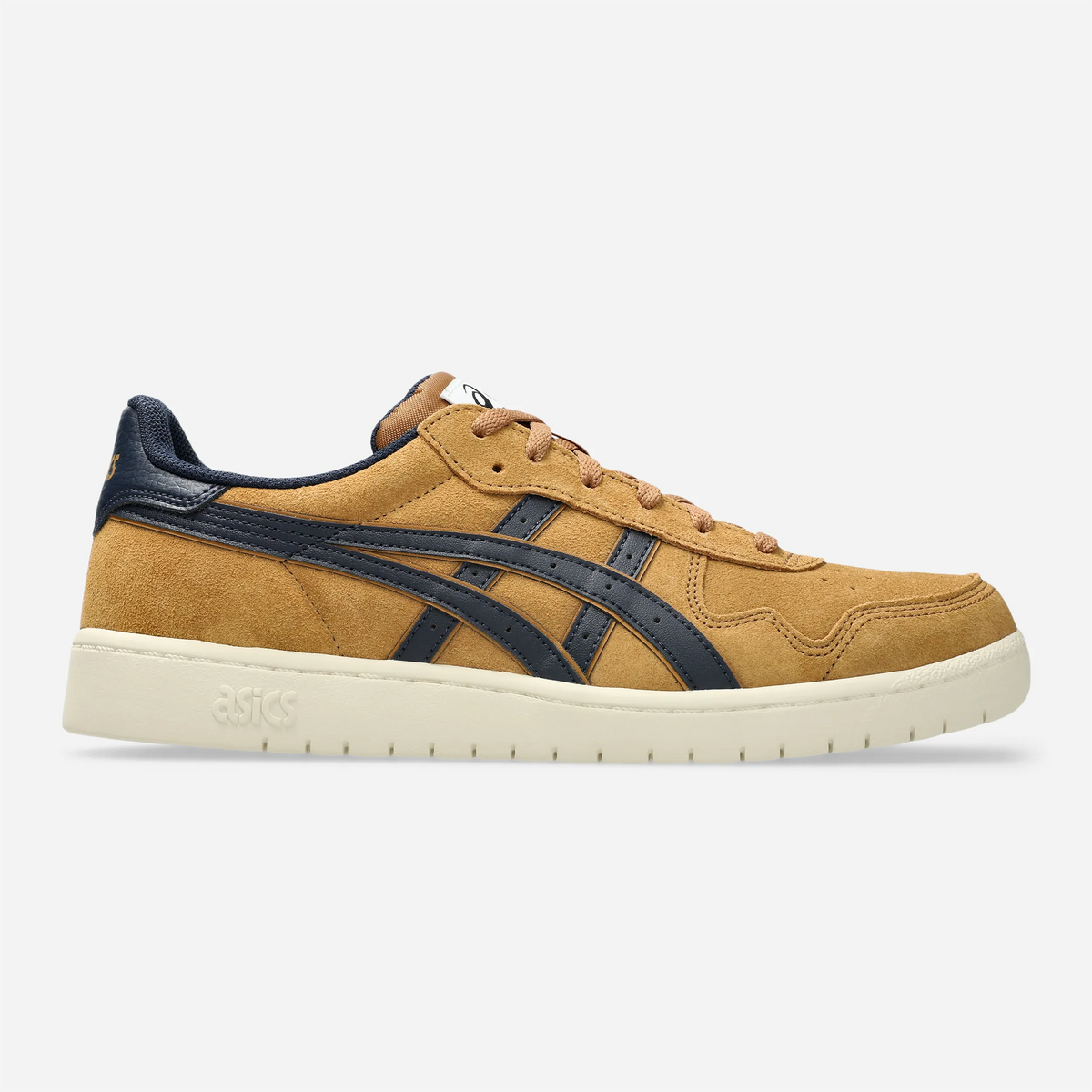Asics Skateboarding Japan Pro Caramel Midnight, sneaker skate basse en daim caramel à bandes marine, vue profil