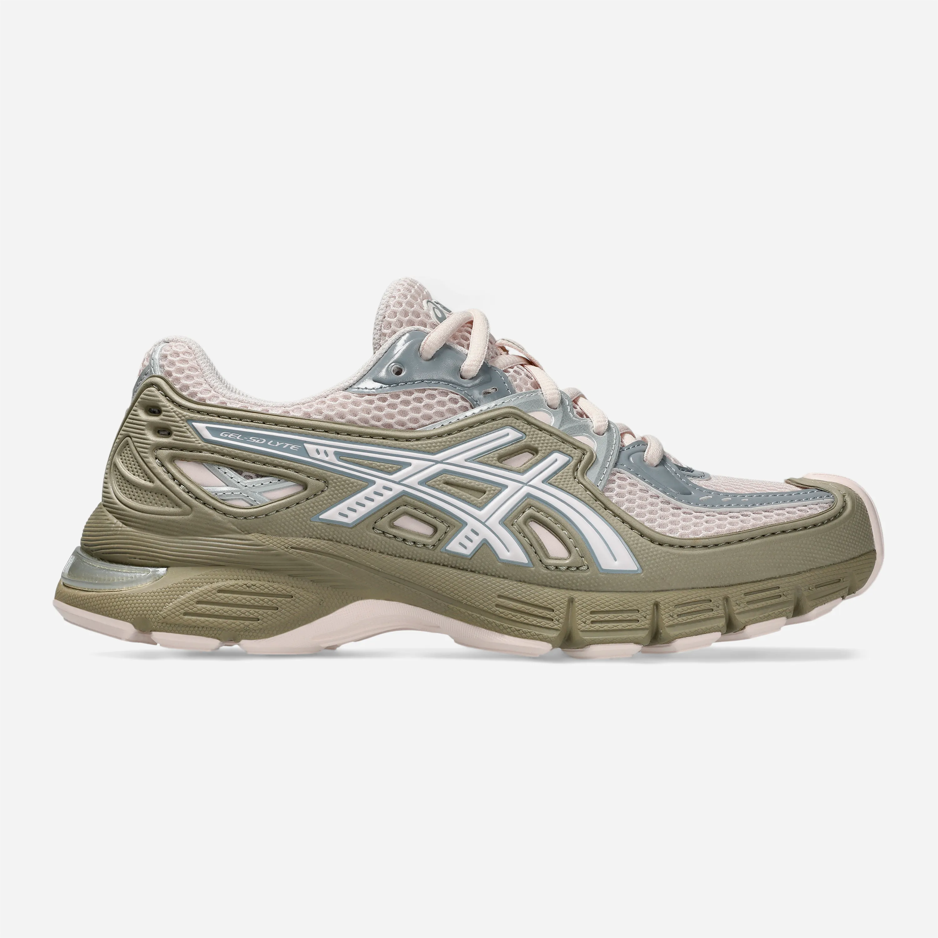 Sneakers premium ASICS Sportstyle Gel-Sd-Lyte Pink Cloud Driftwood vue de profil avec empiècements kaki et mesh rose.