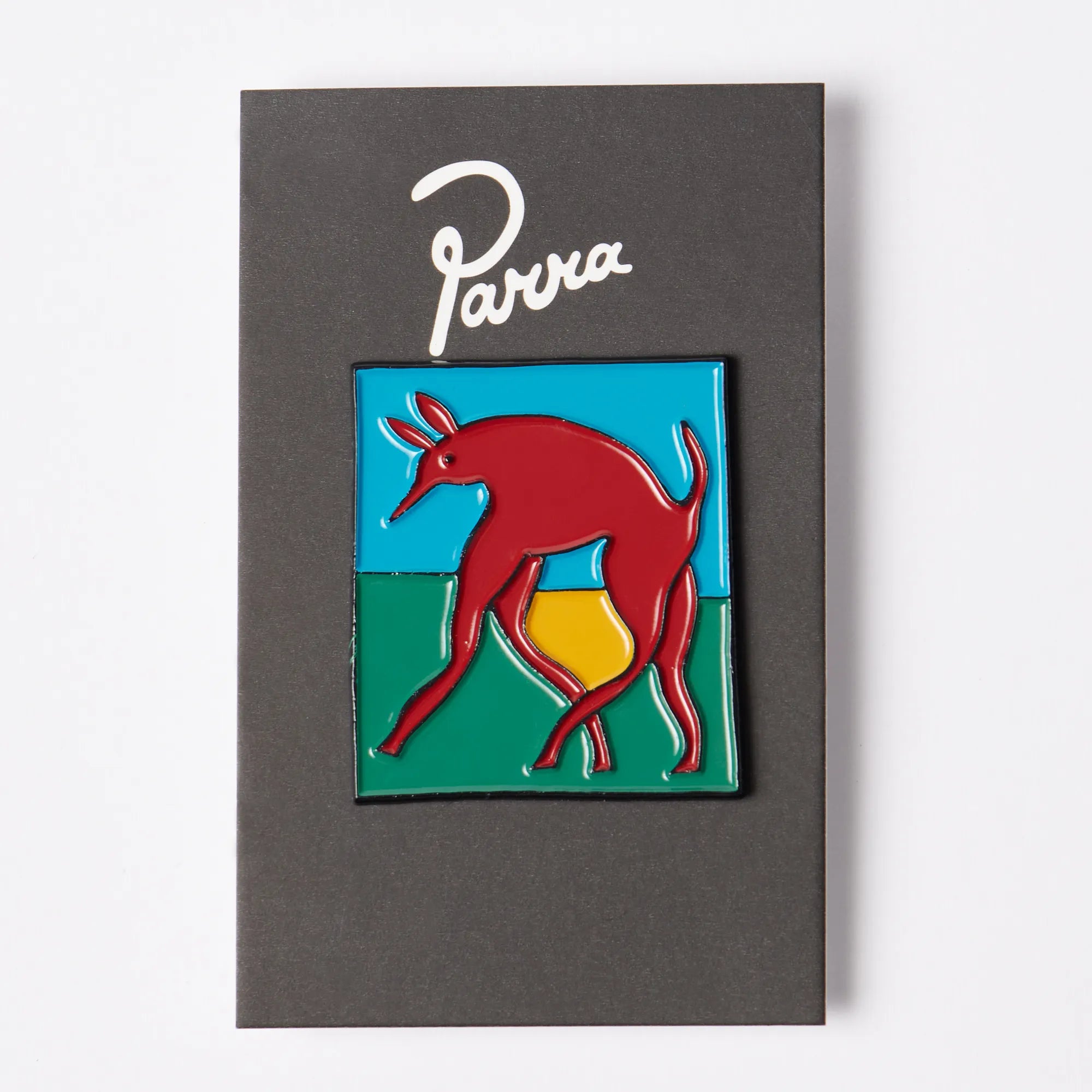 Parra Bear dog hammer enamel pin packaging.
