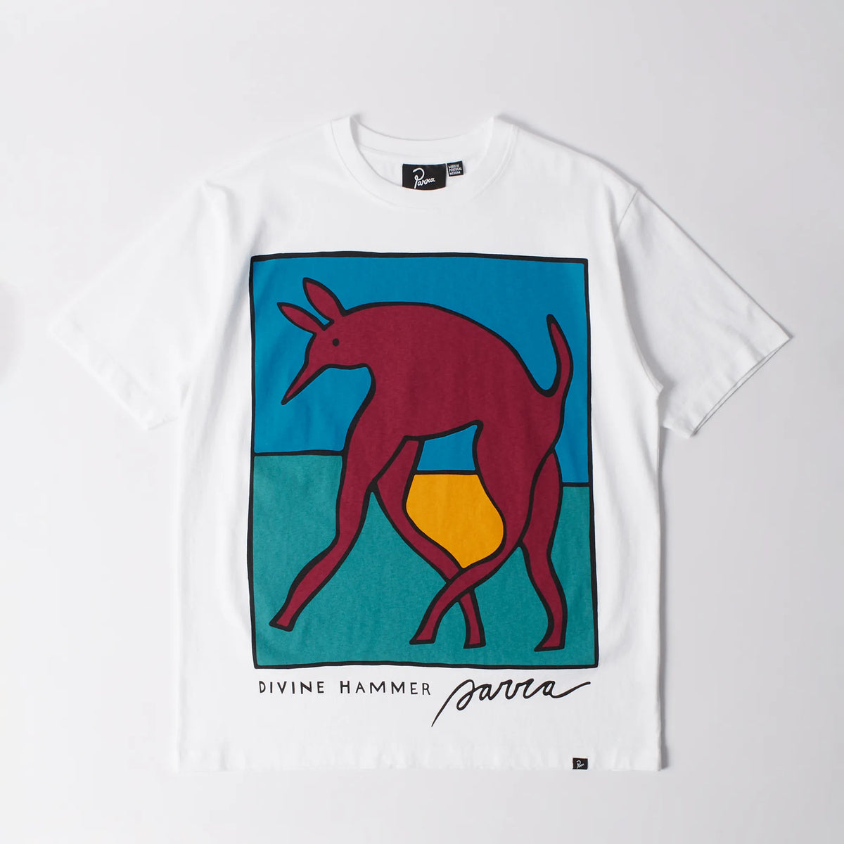 Front view of the Parra Bear Dog Hammer white tee with chest screenprint.