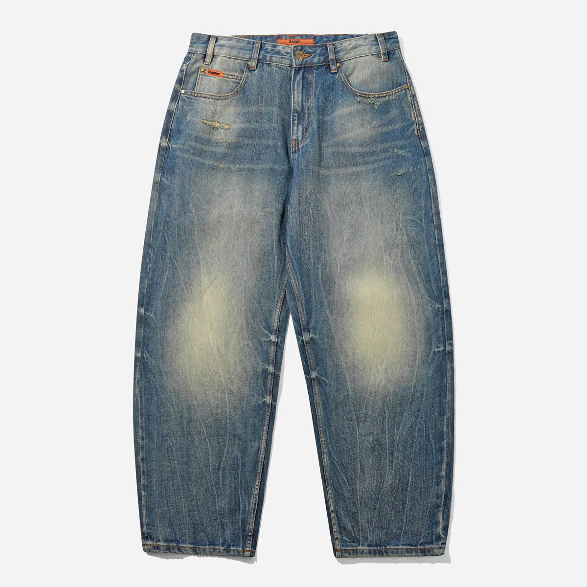 Jean baggy Butter Goods Distressed Selvedge vue de face avec délavage vintage et coupe large 