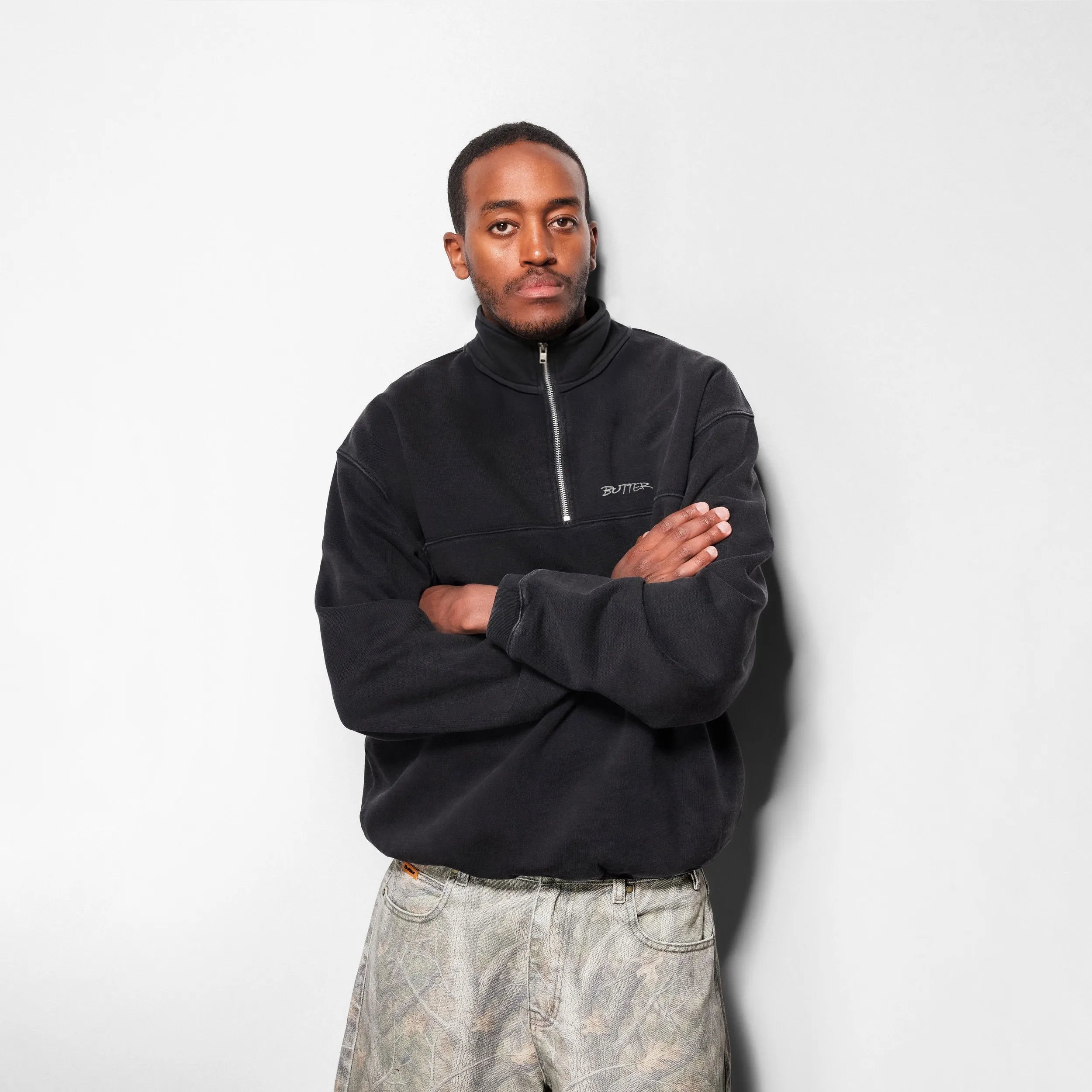 Butter Goods Panel 1/4 Zip Sweater Washed Black