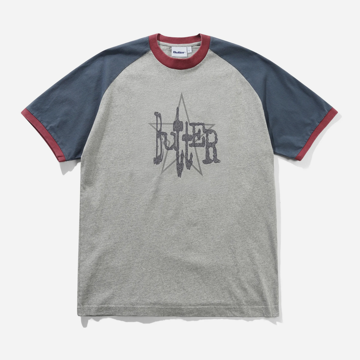 T-shirt Butter Goods Sigil Tee Ash vue de face avec manches raglan contrastées et logo poitrine