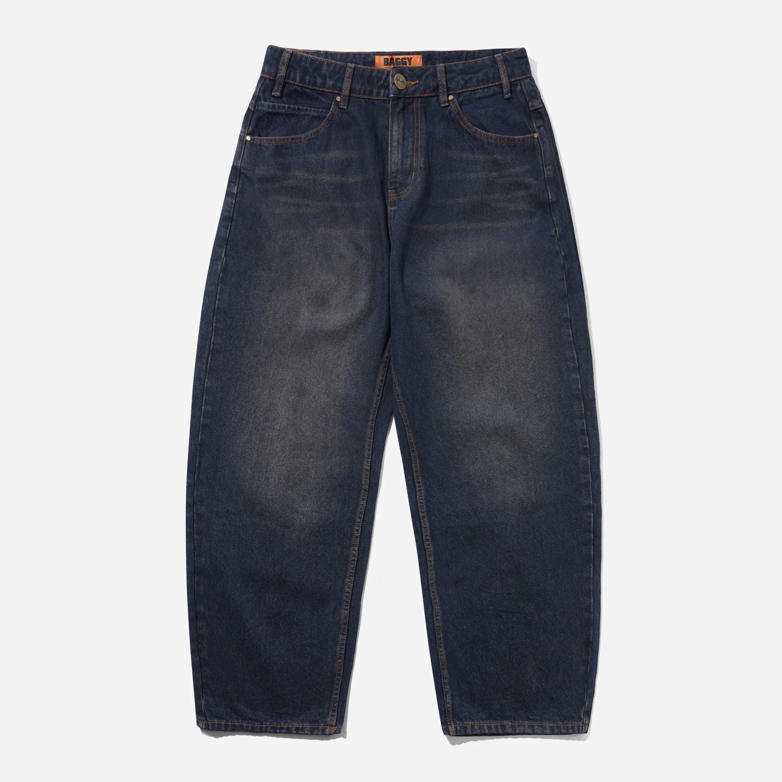 Front flat view of the Butter Goods Men's Solar Fade Baggy Denim Jeans in Tinted Dark Indigo
