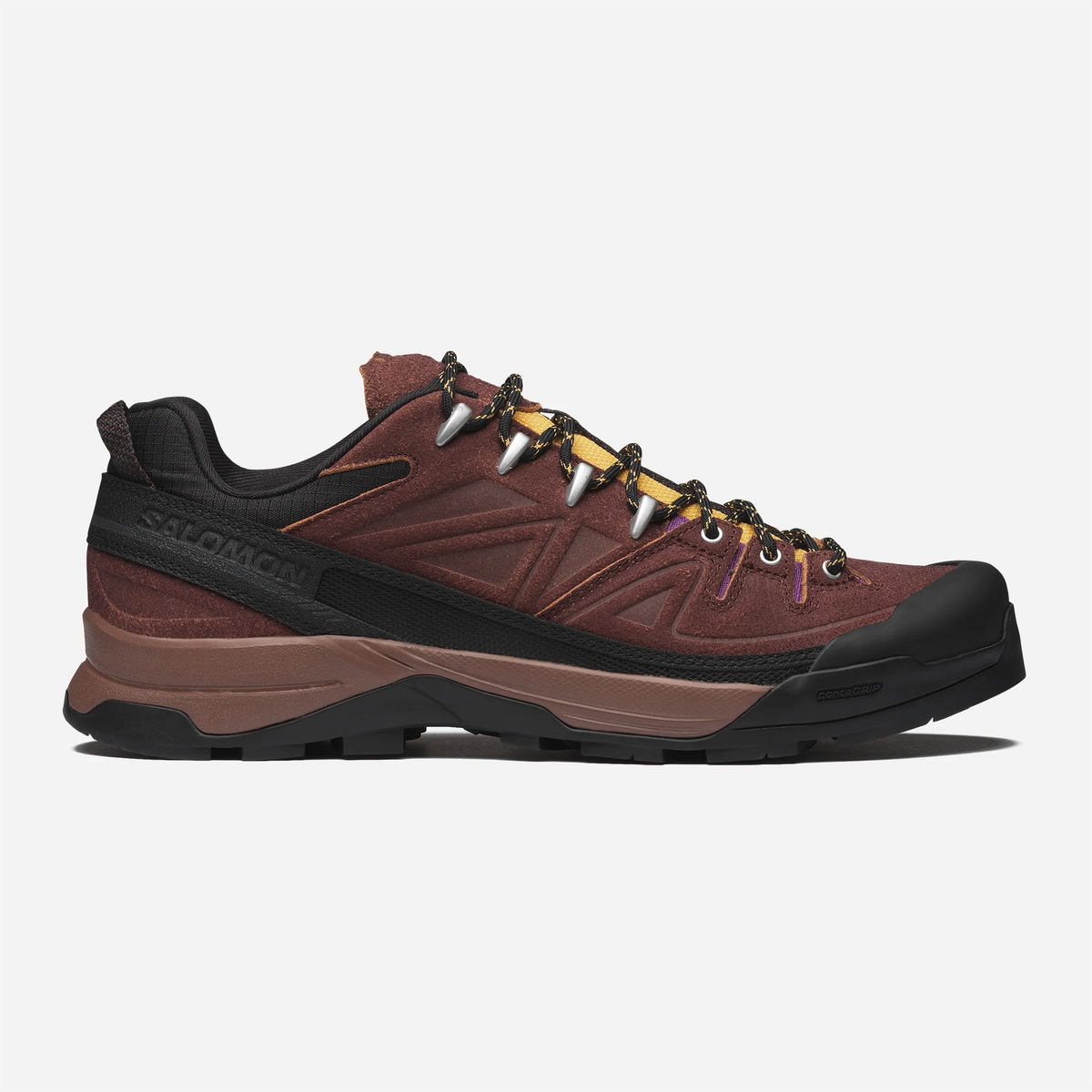 Sneaker Salomon X-Alp Expedition Black Bitter Chocolate, cuir patiné et lacets en corde jaune moutarde