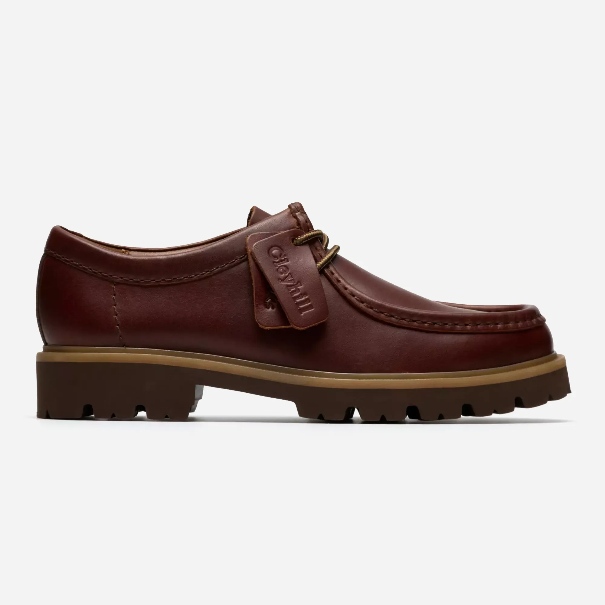 Clarks Cleyhill Seam brown leather colorway, side profile, lugged XL Extralight sole