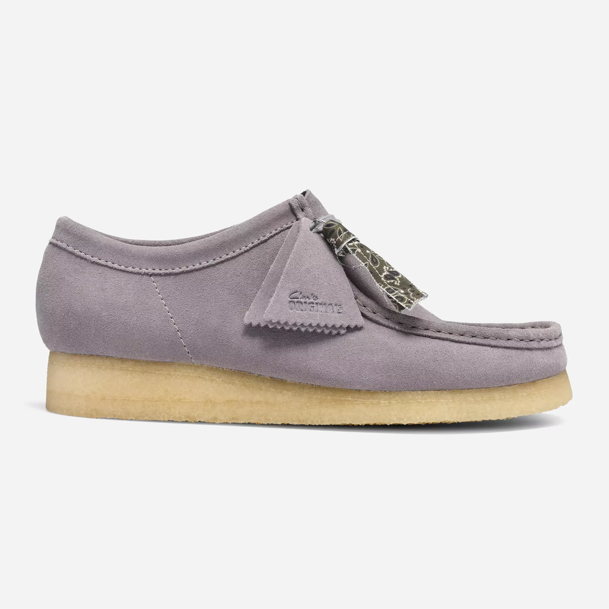 Clarks Originals Wallabee Ash Suede gris, vue profil, semelle crêpe naturelle