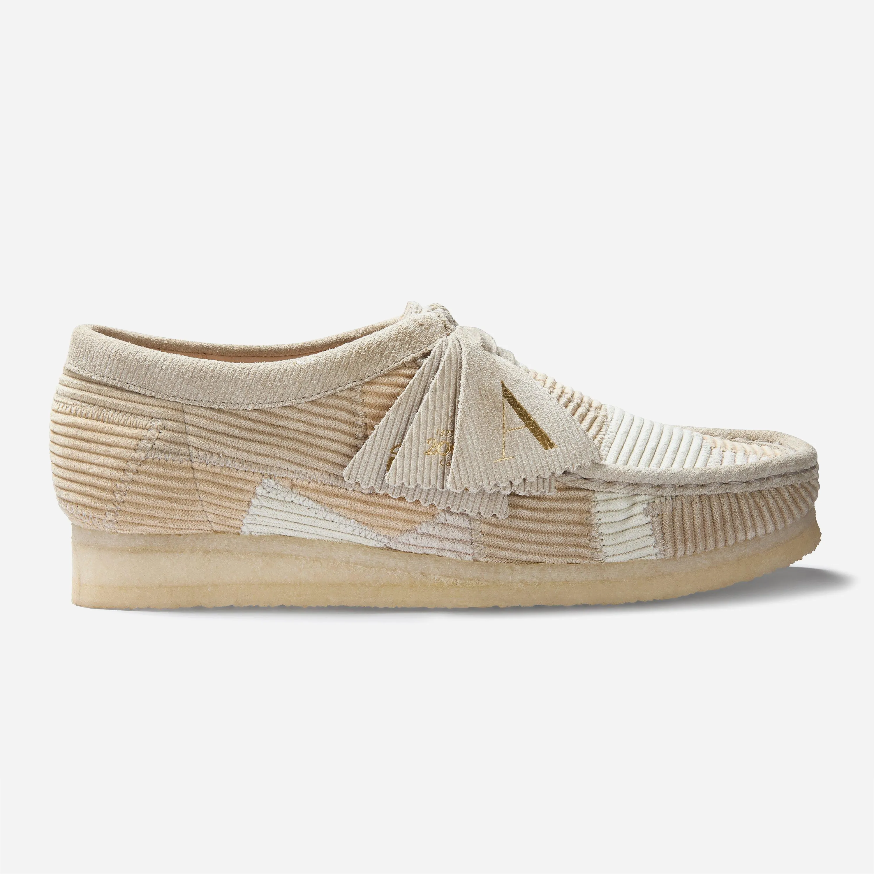 Clarks Wallabee women's shoe collaboration with Aleali May in beige patchwork corduroy.