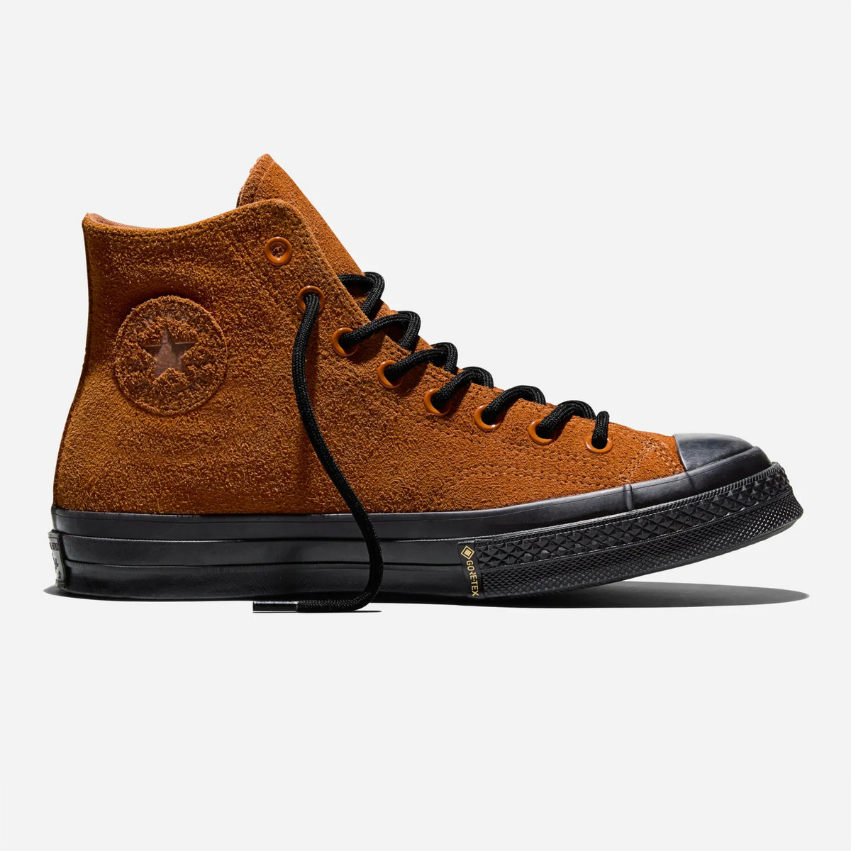 Converse Chuck 70 GTX Hi Rusted Bolt Black sneaker, rusted hairy suede upper with water beading on the leather
