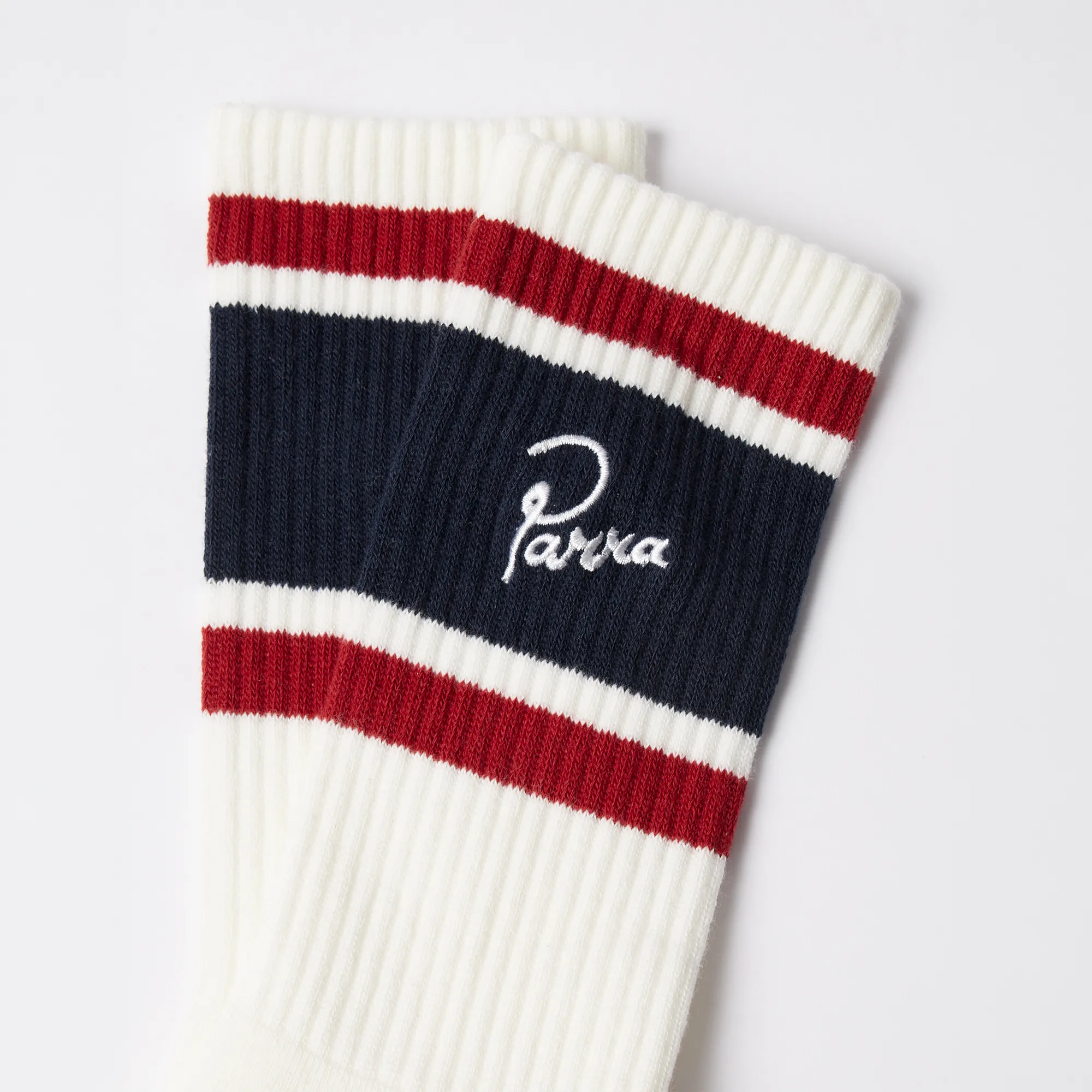 Close-up of the Parra signature embroidery and vintage Japanese knit on crew socks.
