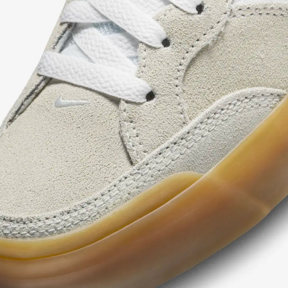 Close-up of the off-white suede texture on the front of the Nike SB Pogo.