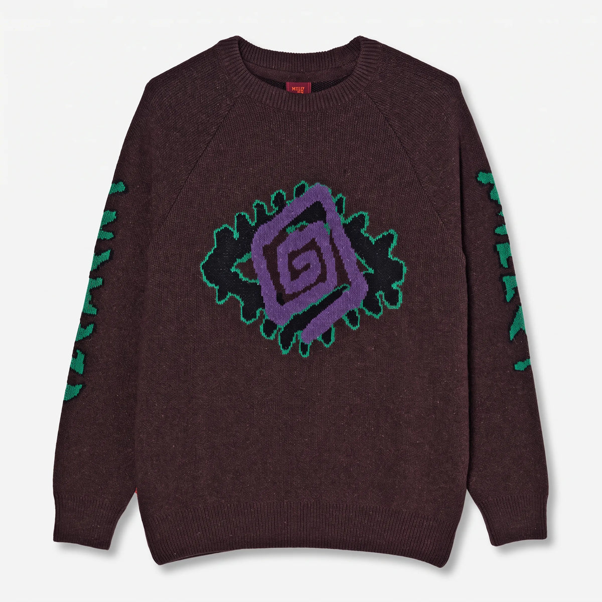 Pull jacquard Element x Millet MXE Truffle vu de face avec motif spirale violet et vert