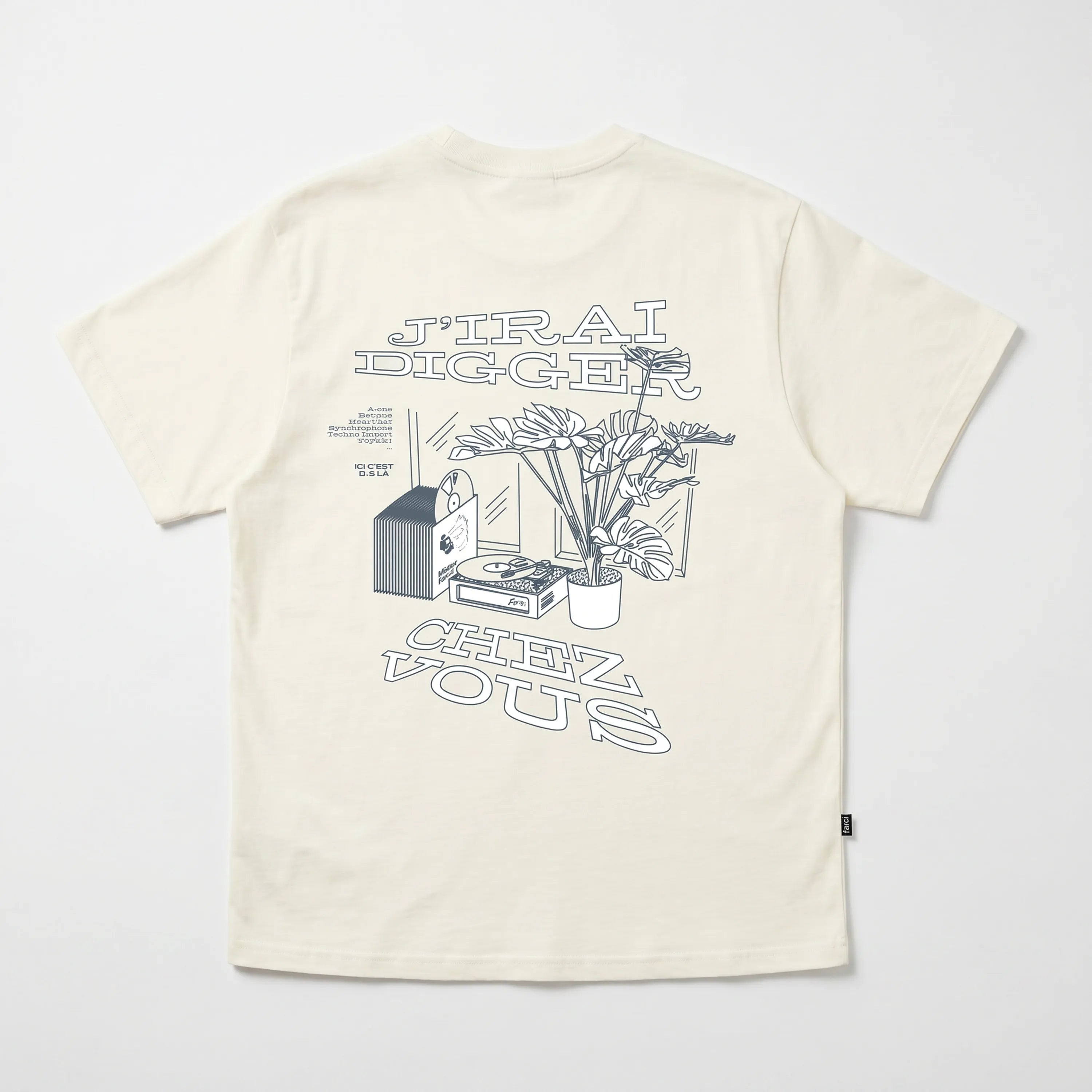 Dos du t-shirt Farci Studio Digger Beige avec illustration d'une platine vinyle et inscription J'irai digger chez vous.