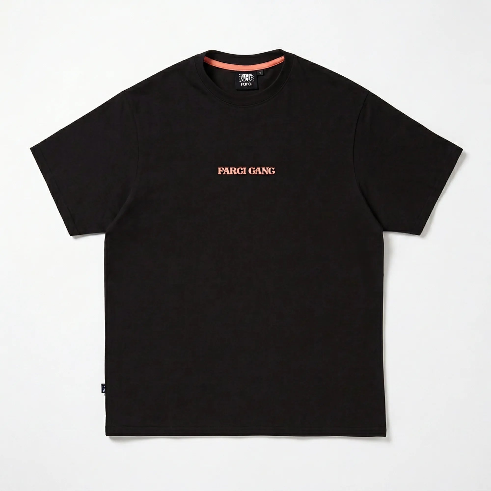 Premium black Farci Studio Gang 7 t-shirt front view with orange chest branding.