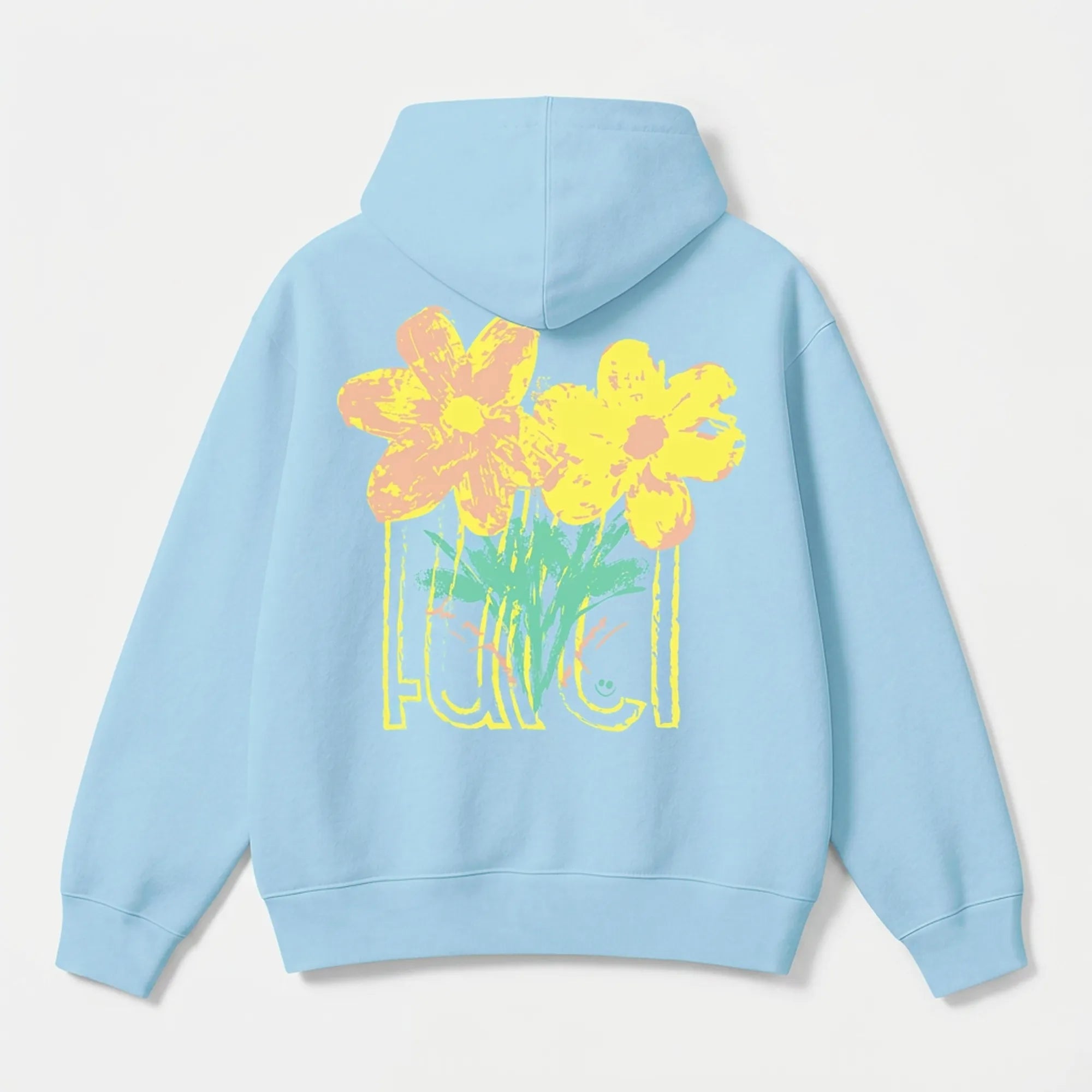 Sky blue Farci Studio Piano hoodie worn street style, floral graphic back screen print, oversized drop shoulder brushed cotton