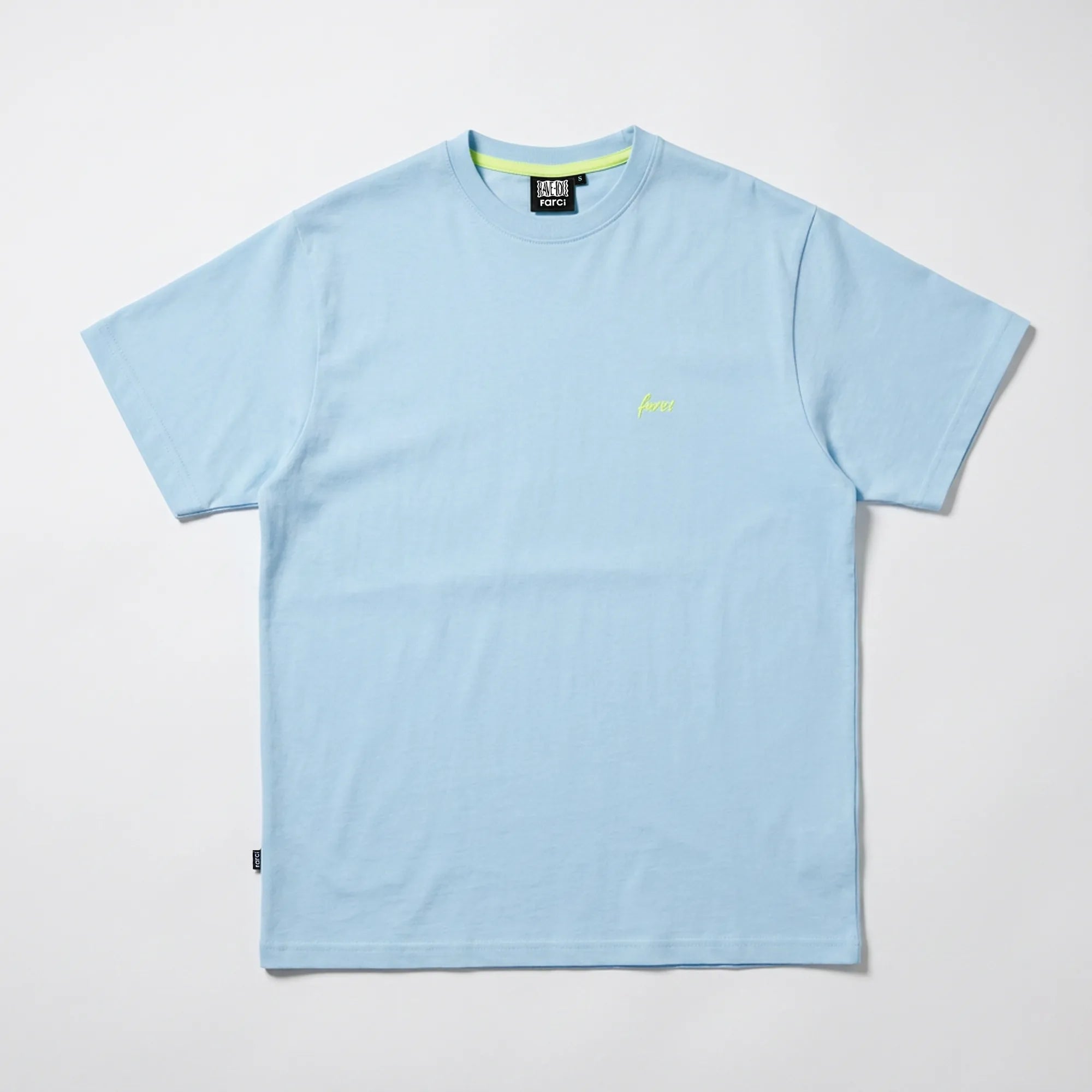 Front view of the blue heavyweight cotton Farci Studio Piano t-shirt with graphic embroidery.