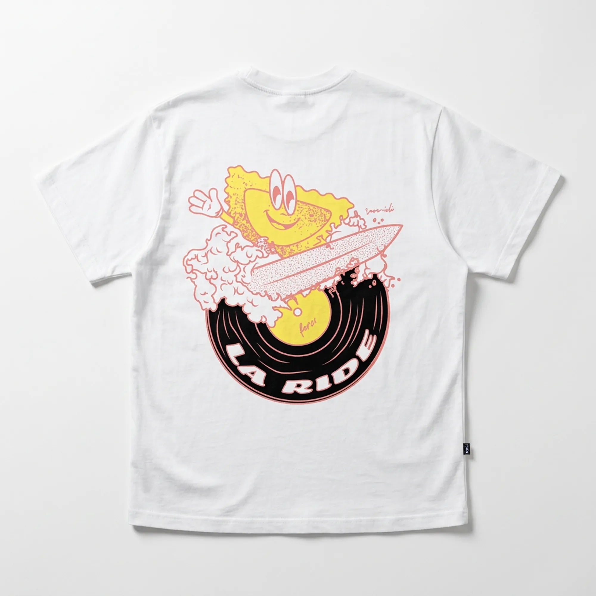 T-shirt Farci Studio Ride Tee blanc coton jersey, logo script brodé noir, sérigraphie dos La Ride vinyle surf soleil jaune rose noir — vue à plat de dos
