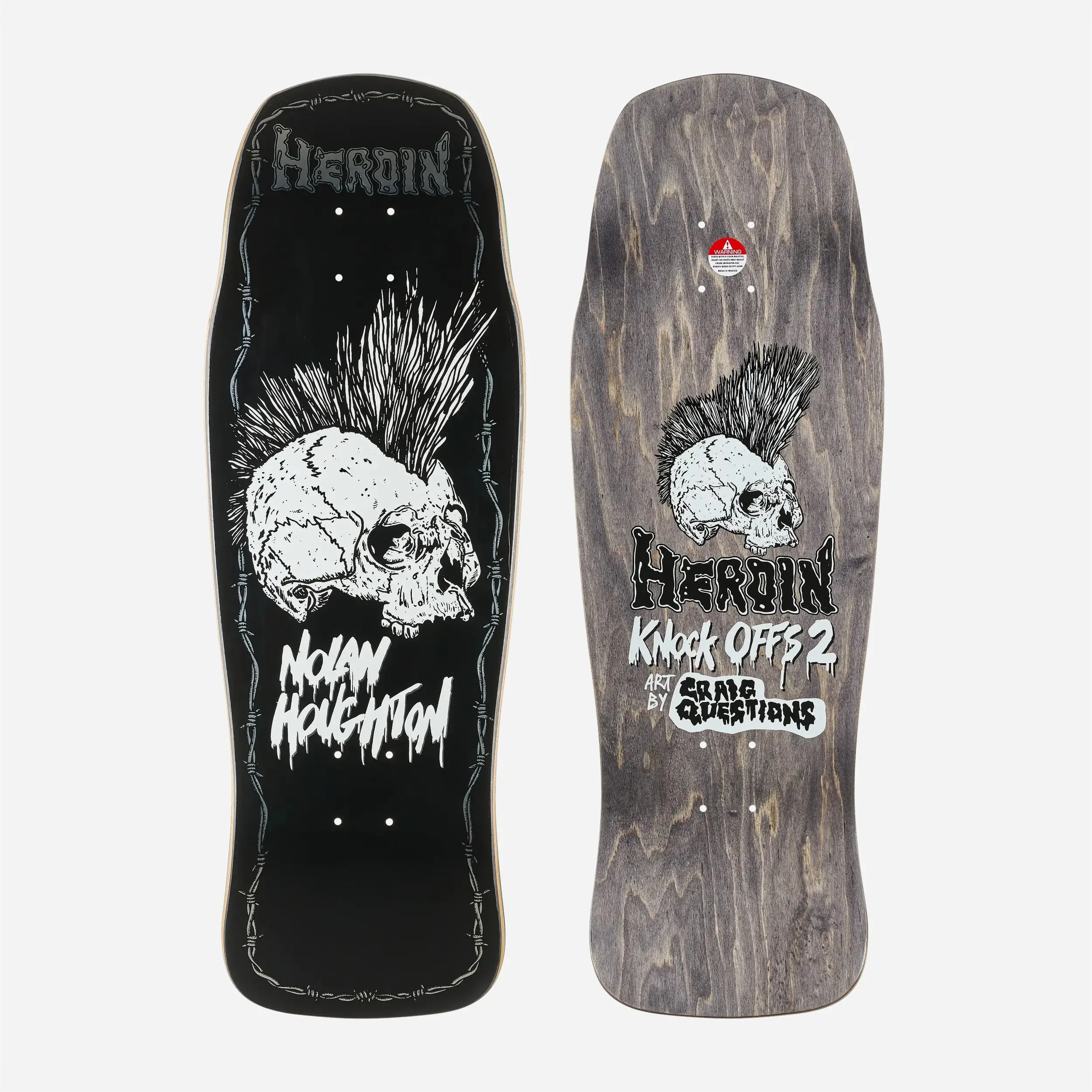 Heroin Skateboards Nolan Houghton KO2 Skull Deck recto verso crâne et barbelé
