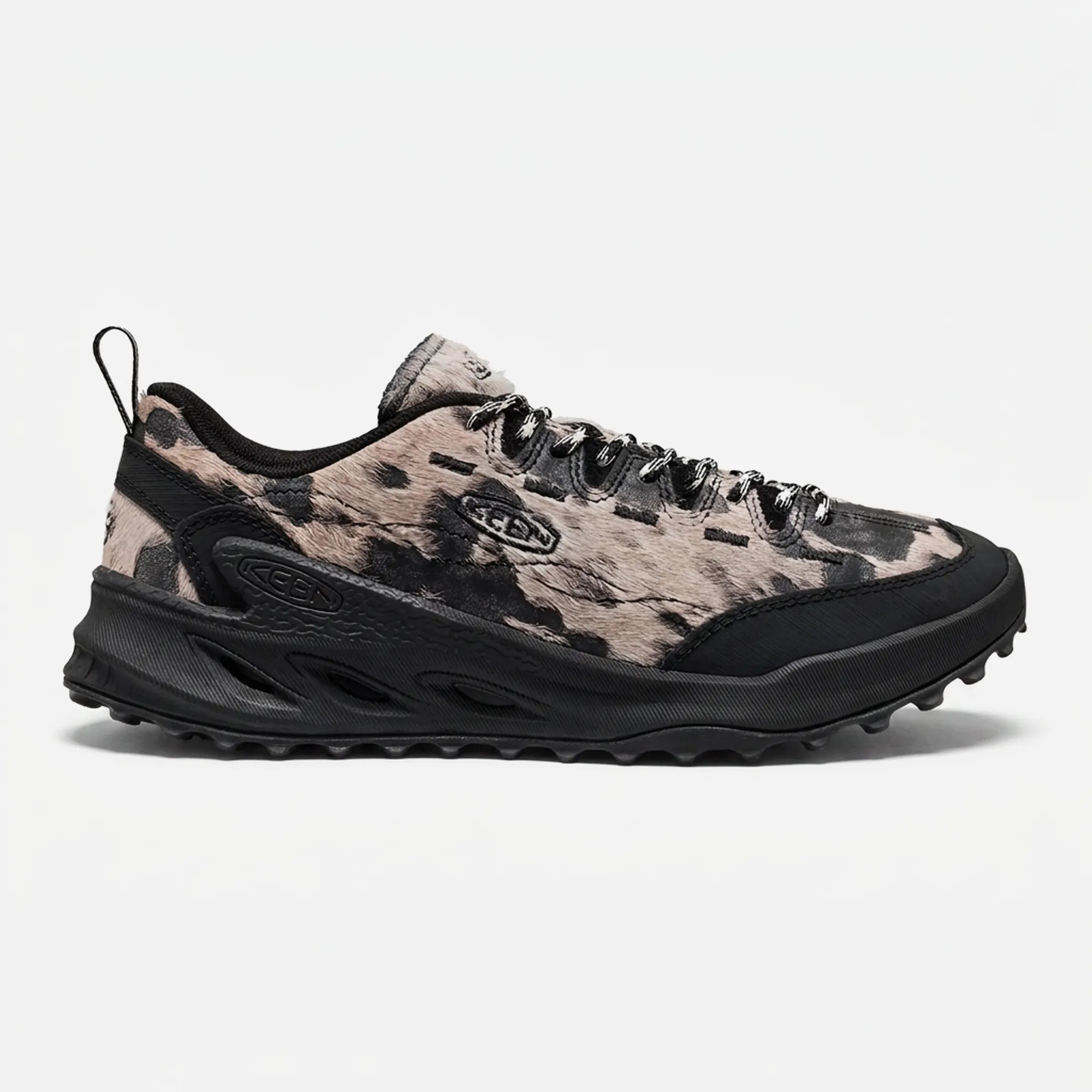 KEEN Jasper Zionic women's shoe in Cow Black, black and off-white cow print leather with oval-lug outsole