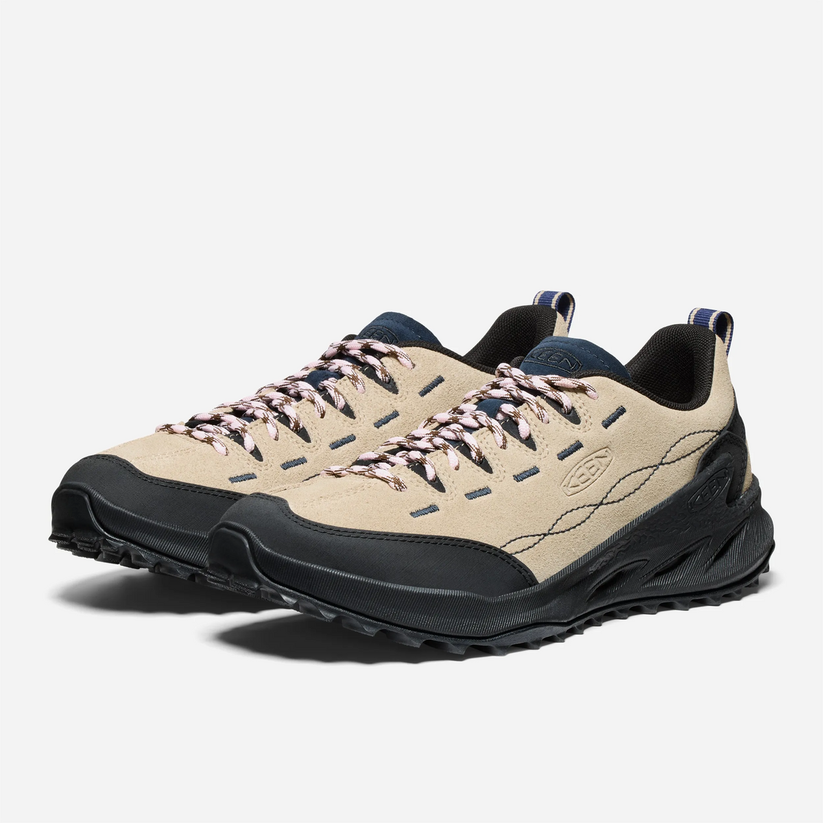 Sneaker femme KEEN Jasper Zionic Safari Giggle Pink, daim crème et lacets roses à motif