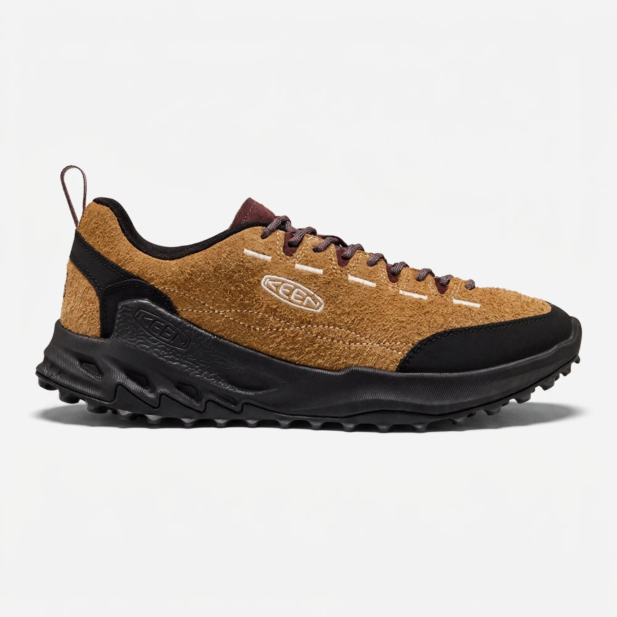 KEEN Jasper Zionic Chipmunk Huckleberry shoe, tan suede upper, black overlays and burgundy leather collar