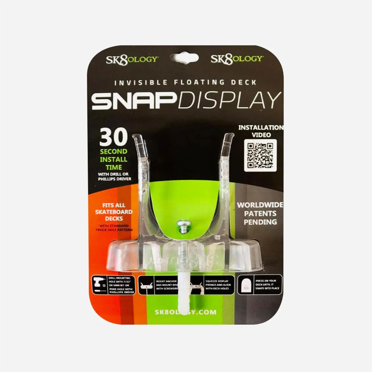 Sk8ology Snap Display packaging with quick installation instructions in 30 seconds.