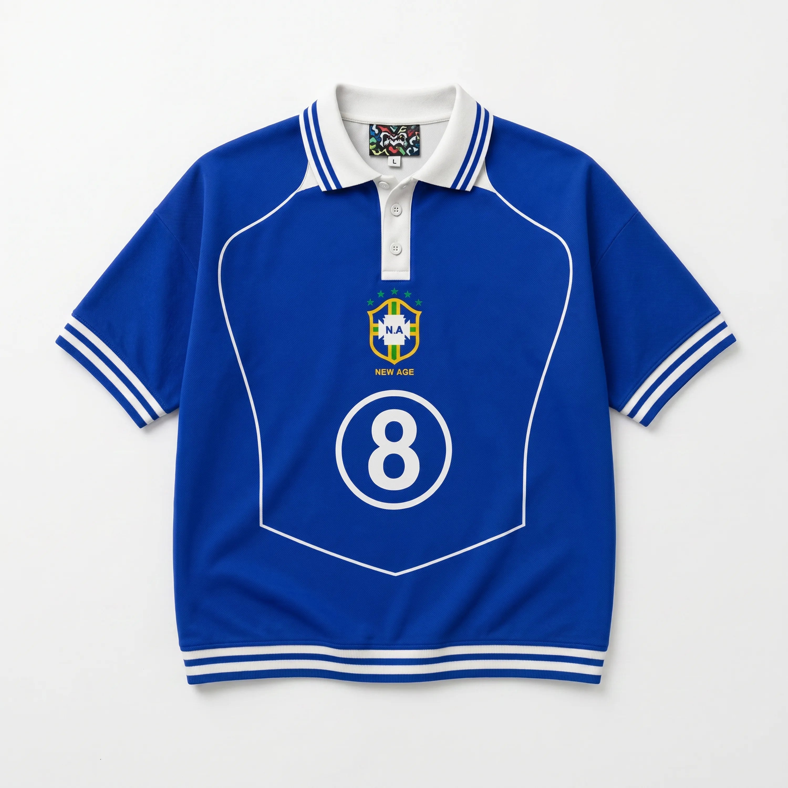 Maison New Age Brazil WC blue polo, front view.