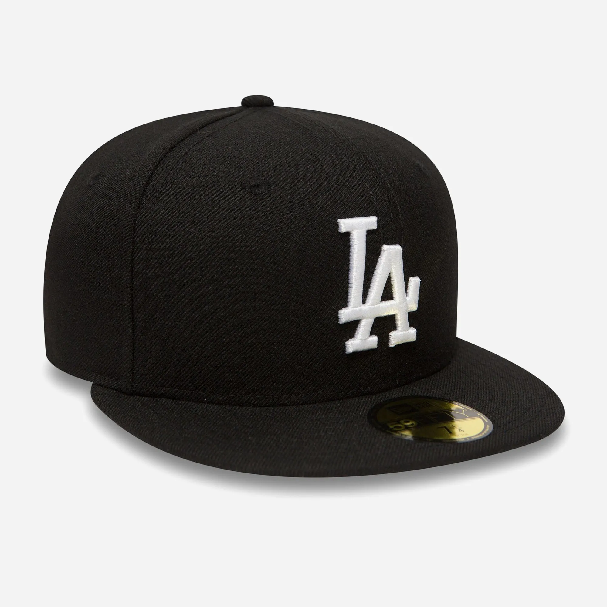 Premium streetwear New Era 59FIFTY Fitted Los Angeles Dodgers cap in black and white.