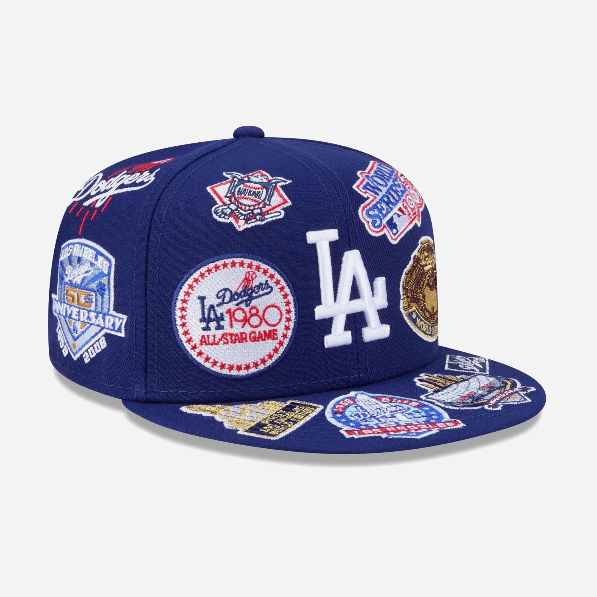 Premium streetwear New Era 59FIFTY Los Angeles Dodgers blue cap featuring all-over embroidered patches.