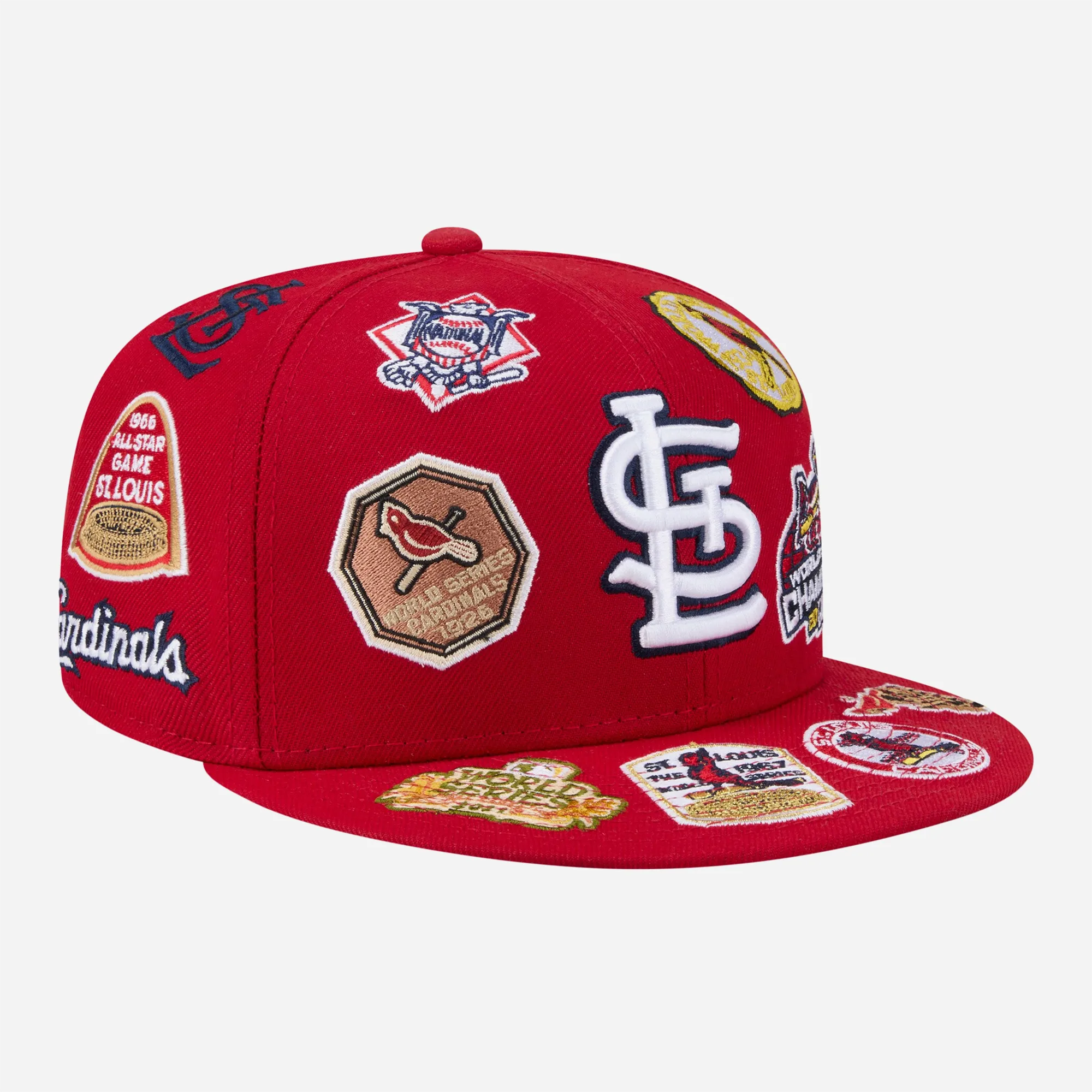 Premium streetwear New Era 59FIFTY St. Louis Cardinals red cap featuring all-over embroidered patches.