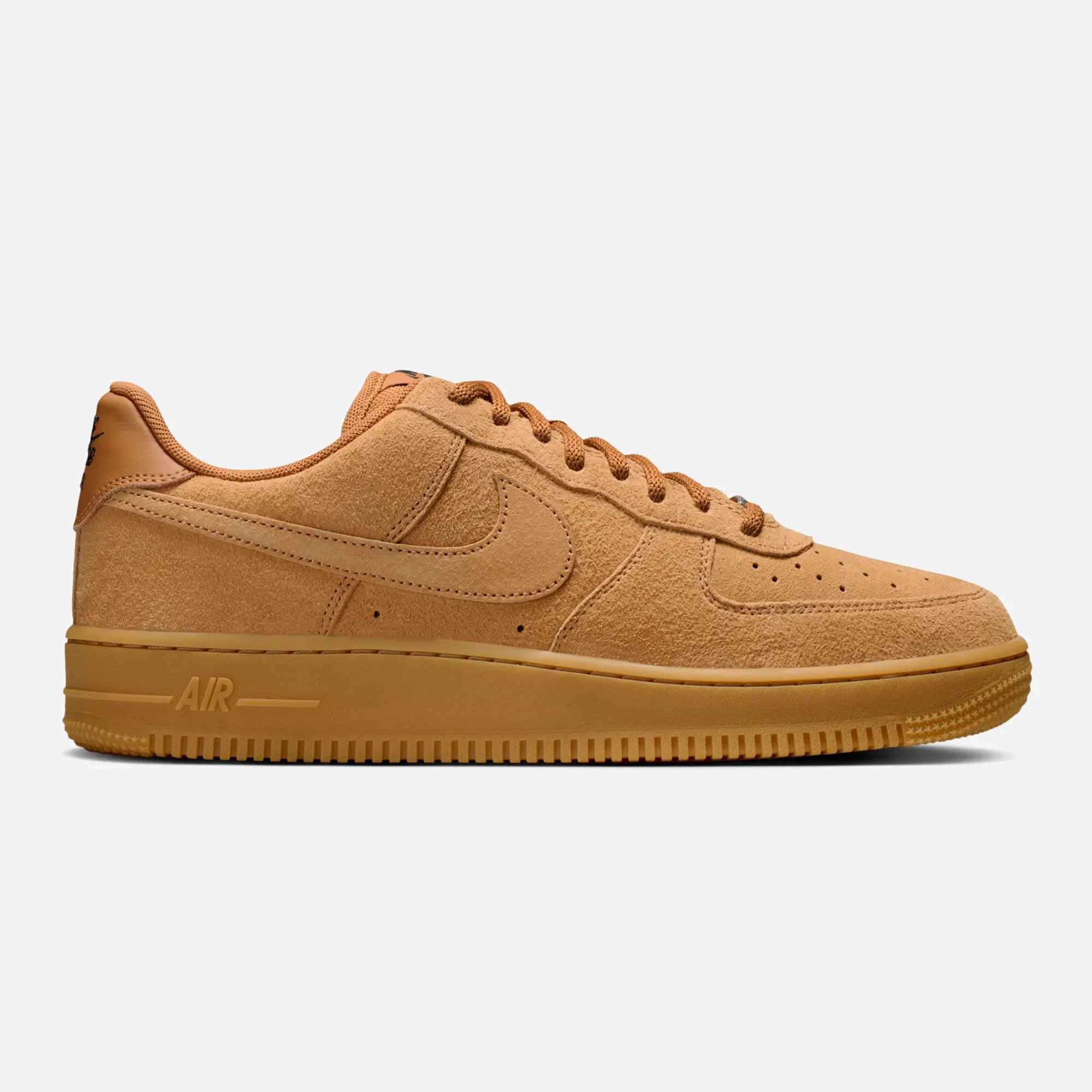 Nike SB Air Force 1 Flax genuine brown suede skate sneaker side profile.