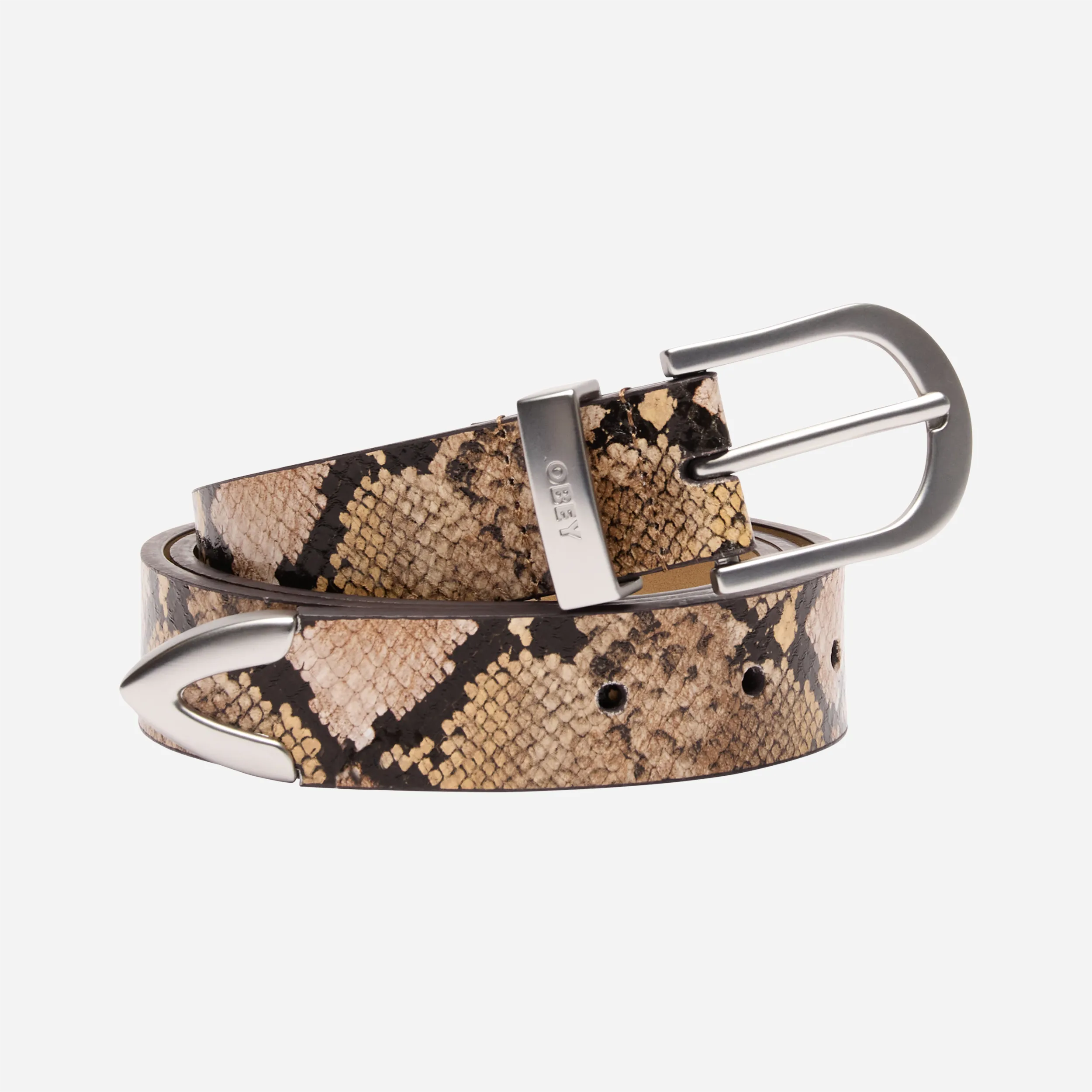 Ceinture Obey Classic en cuir effet serpent avec boucle métallique embossée.