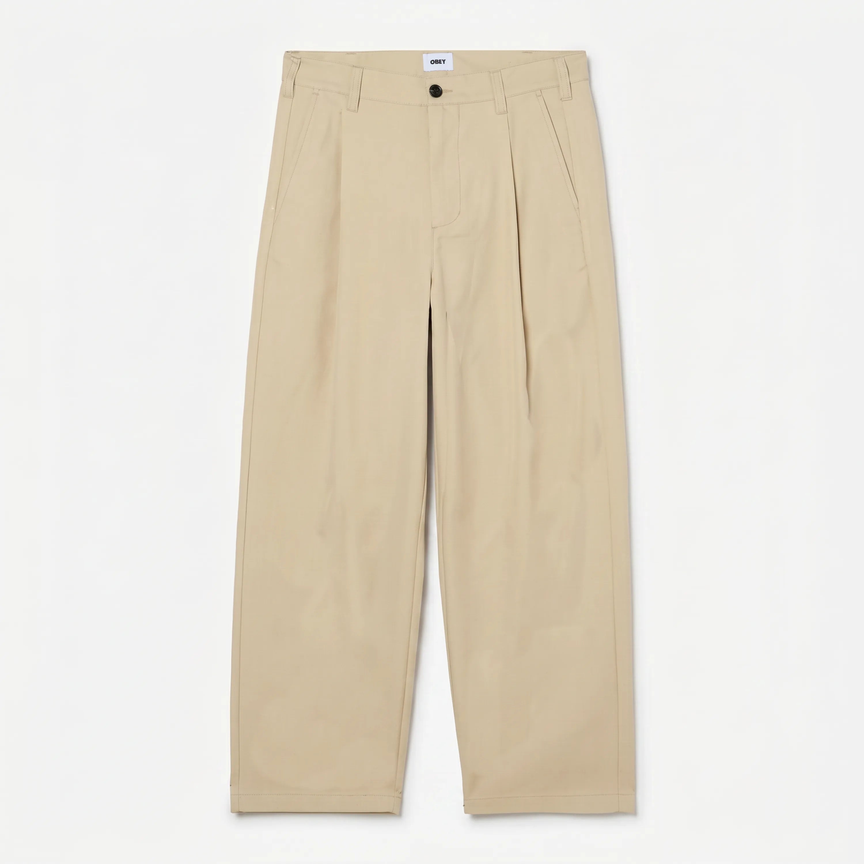 Front view of the Obey Dean Pleated pant in Cement grey with front pleats.