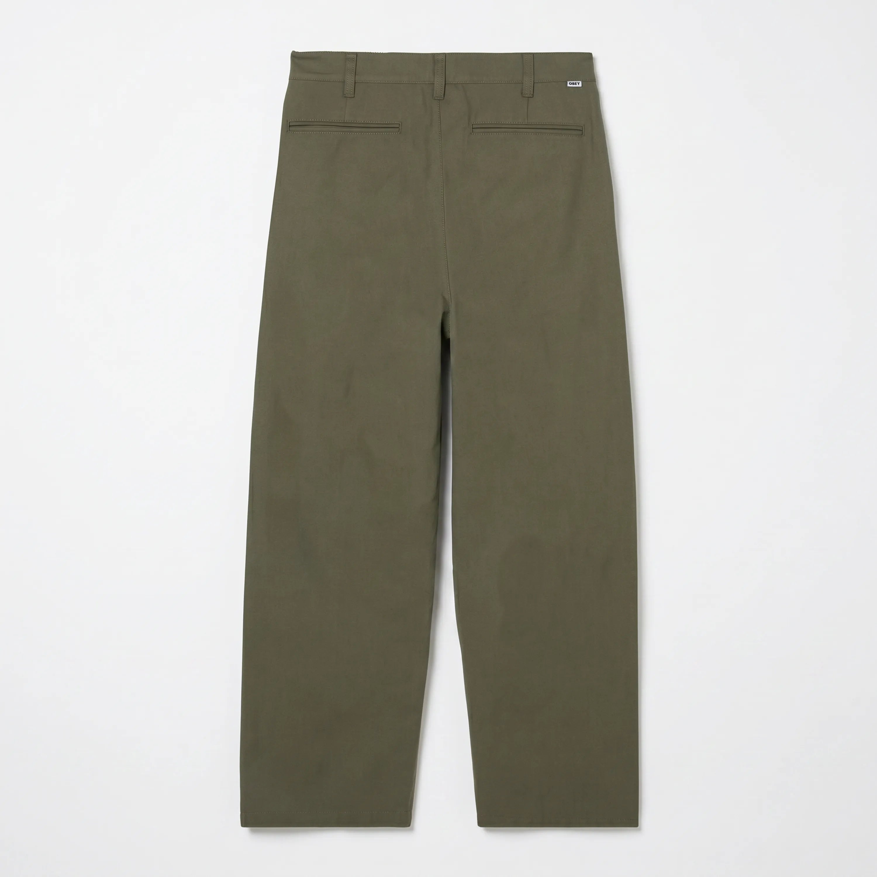 Rear view of the Obey Dean Pleated pant showing branding and welt pockets.