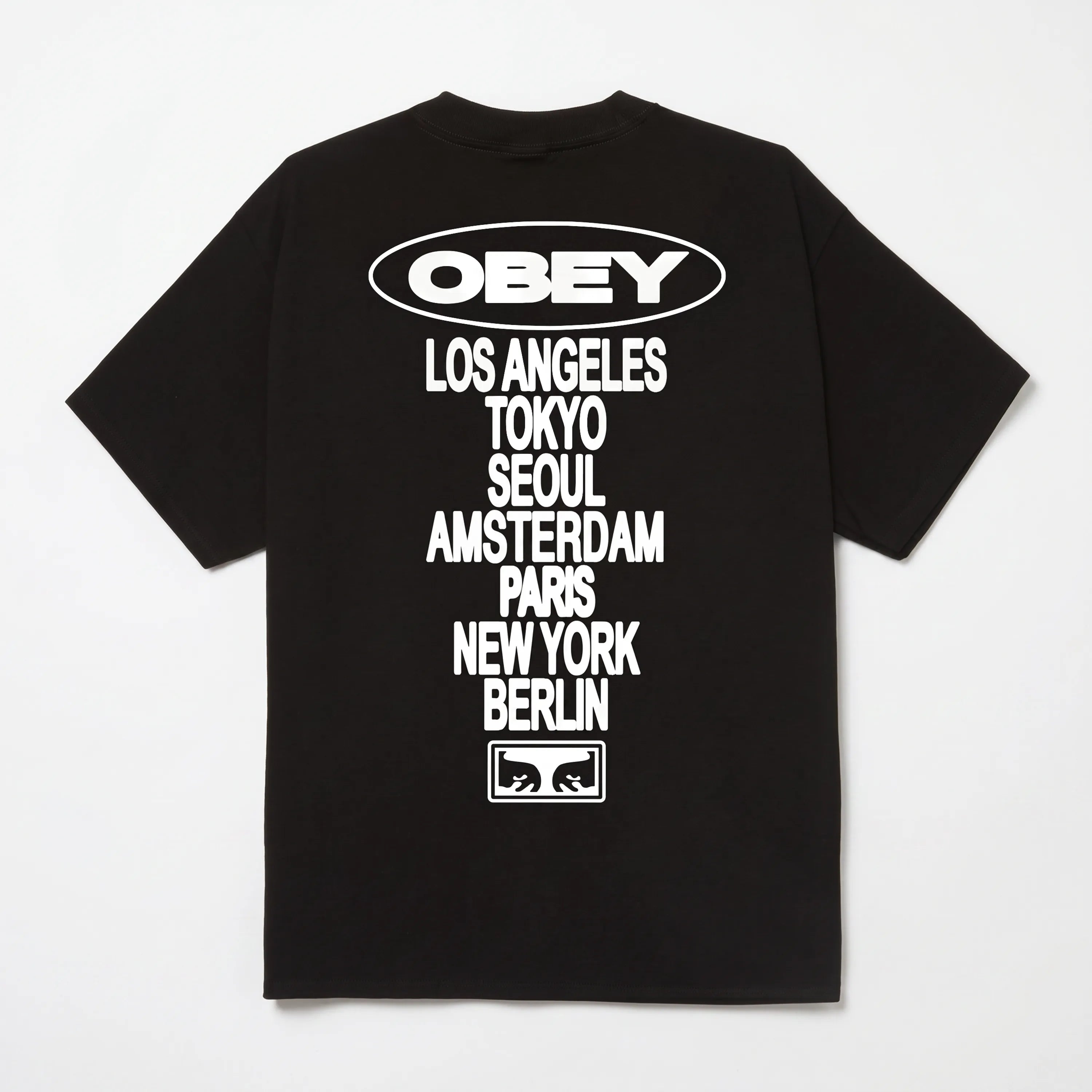 Back view of the Obey Global Impact Black tee showing the urban-inspired graphic art.